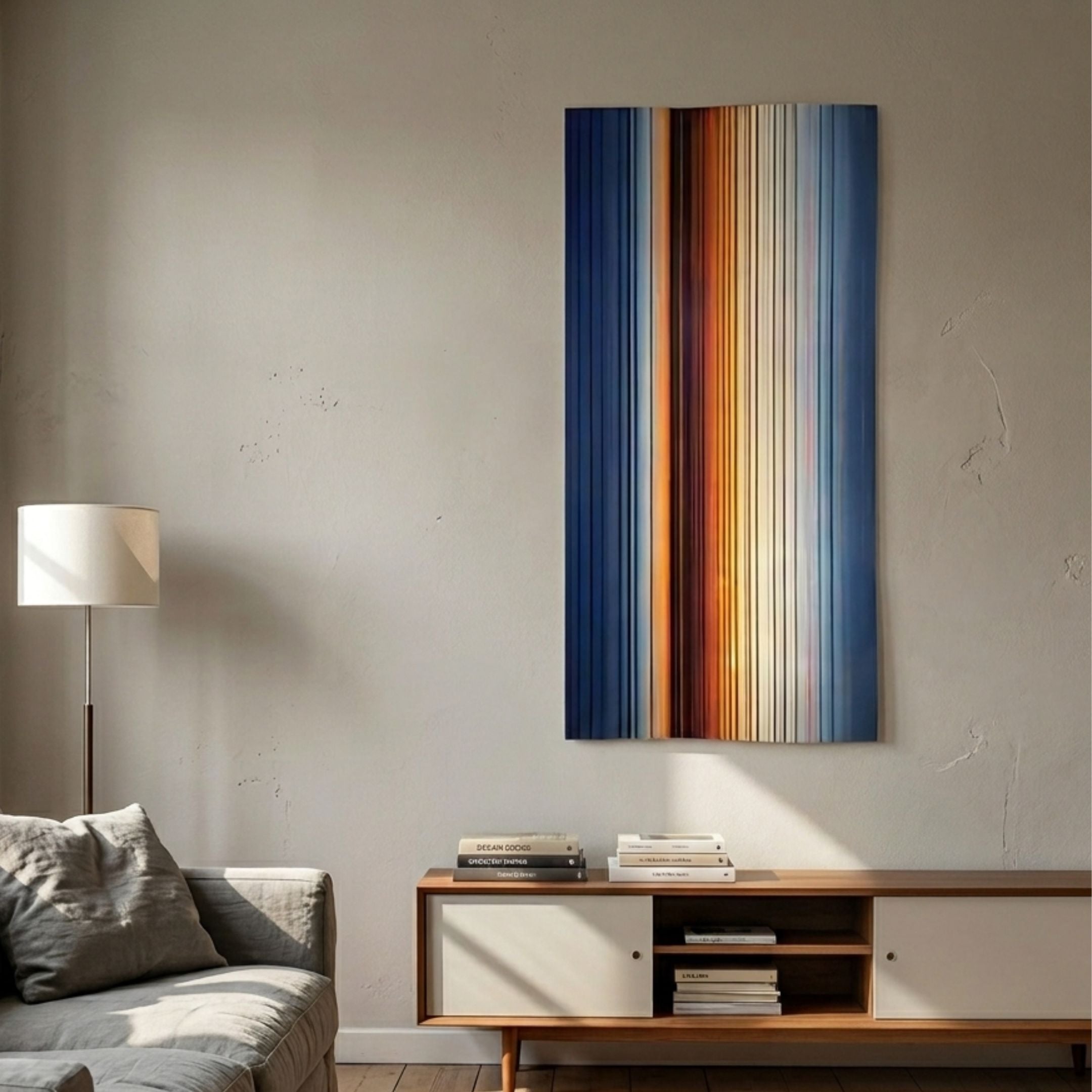 Illumina Multicoloured Vertical Wooden Hand-Painted 3D Wall Art by Giant Sculptures with blue, orange and white stripes, displayed above a wooden console in a sunlit living room.