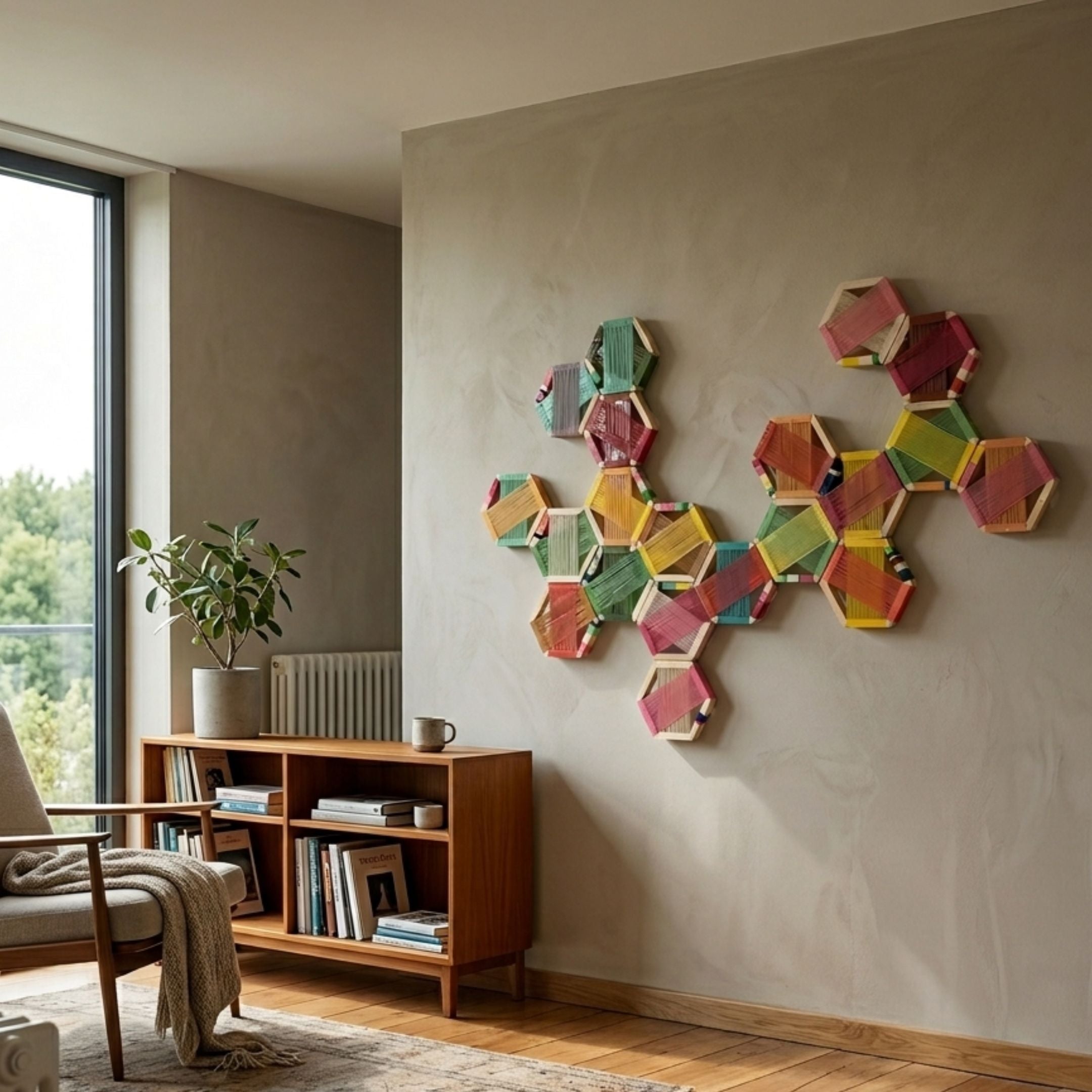 Spectra V Multicoloured Interwoven Hexagonal Frame 3D Wall Art by Giant Sculptures mounted on a beige wall above a mid-century wooden bookshelf and potted plant.
