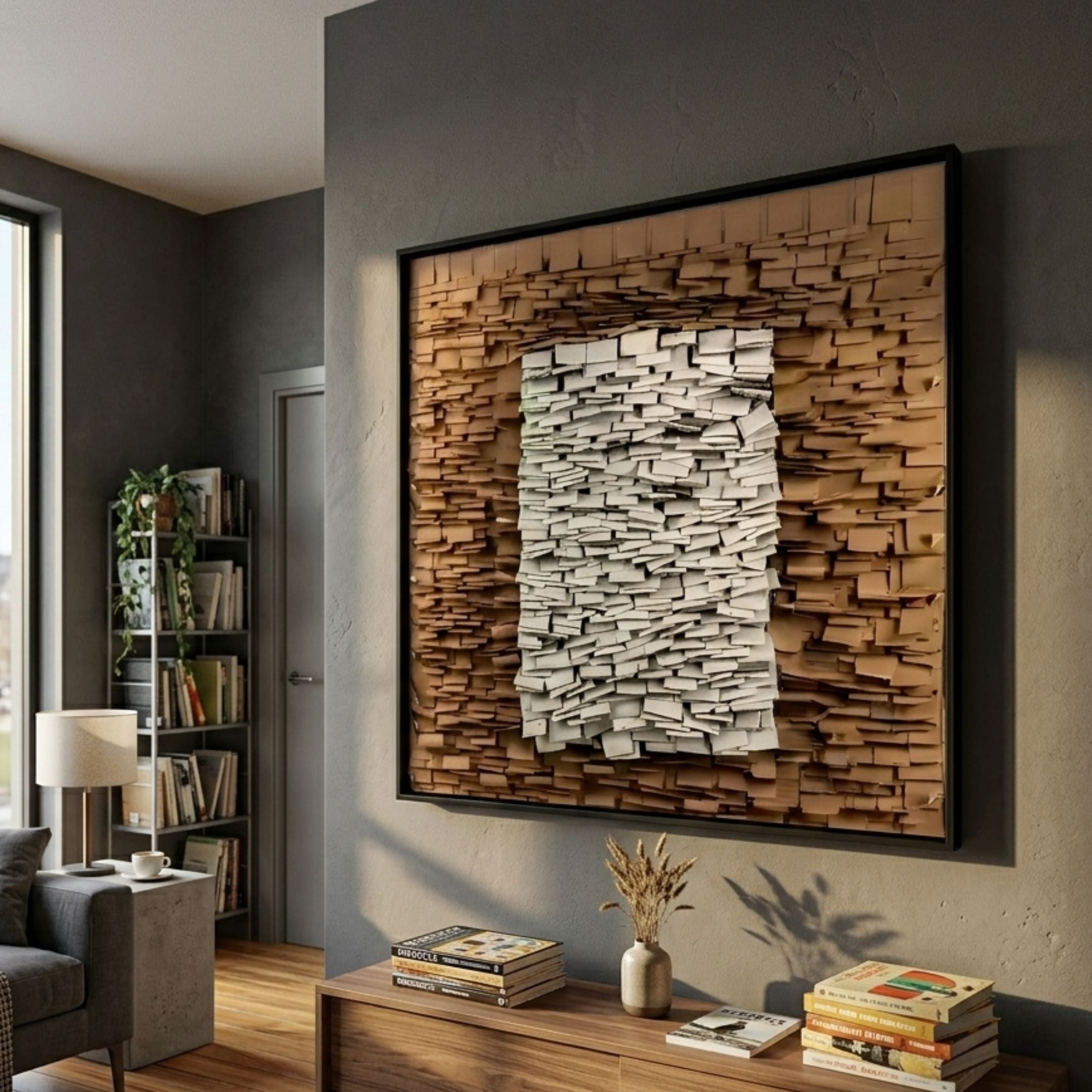 Terracova Warm Ochre Frame Textured Cardboard Square 3D Wall Art by Giant Sculptures displayed above a wooden console in a modern living room with bookshelf.