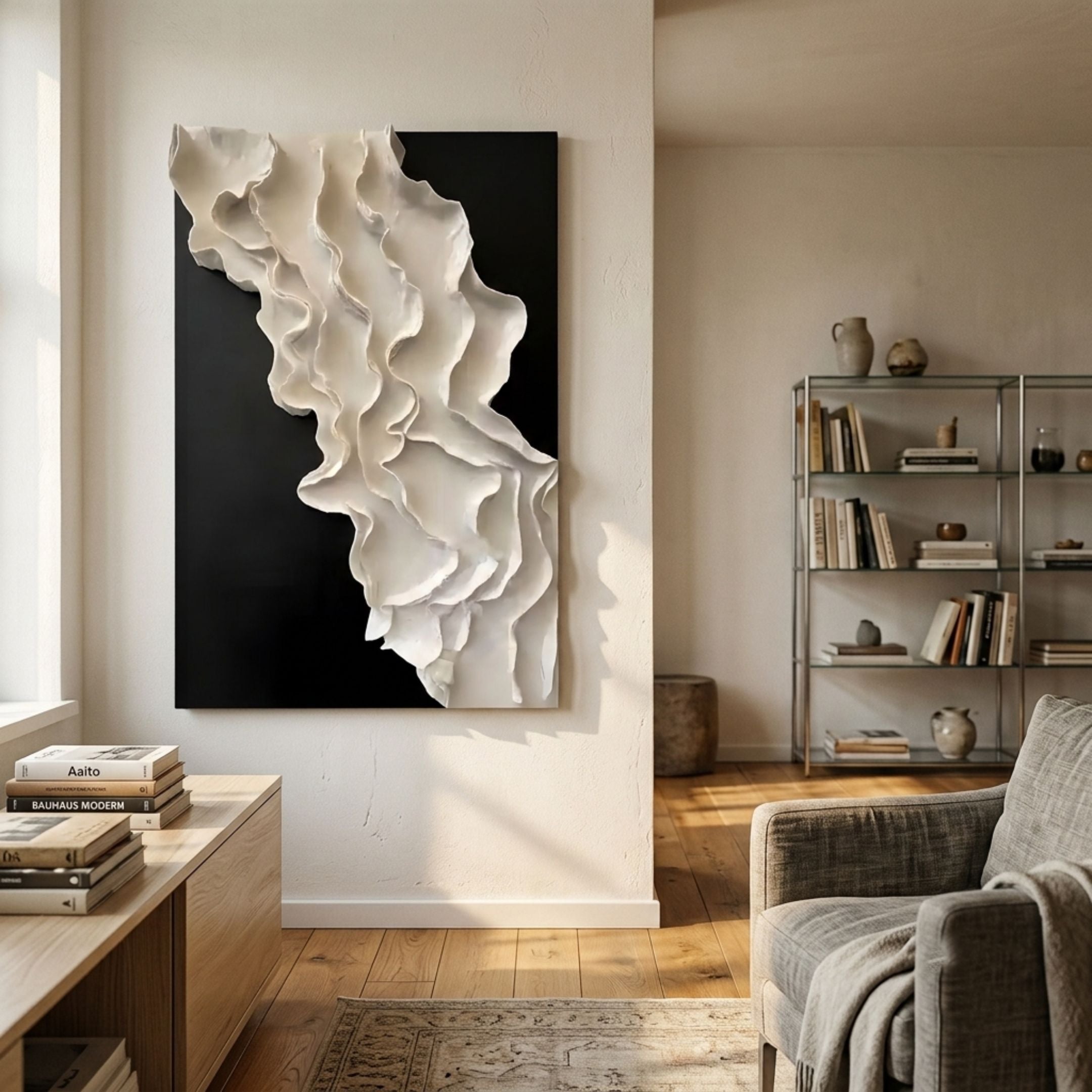 Stratura IV Black & White Layered Paper Canvas Wall Art by Giant Sculptures displayed in a neutral living room above a wood console with books and a bookshelf.
