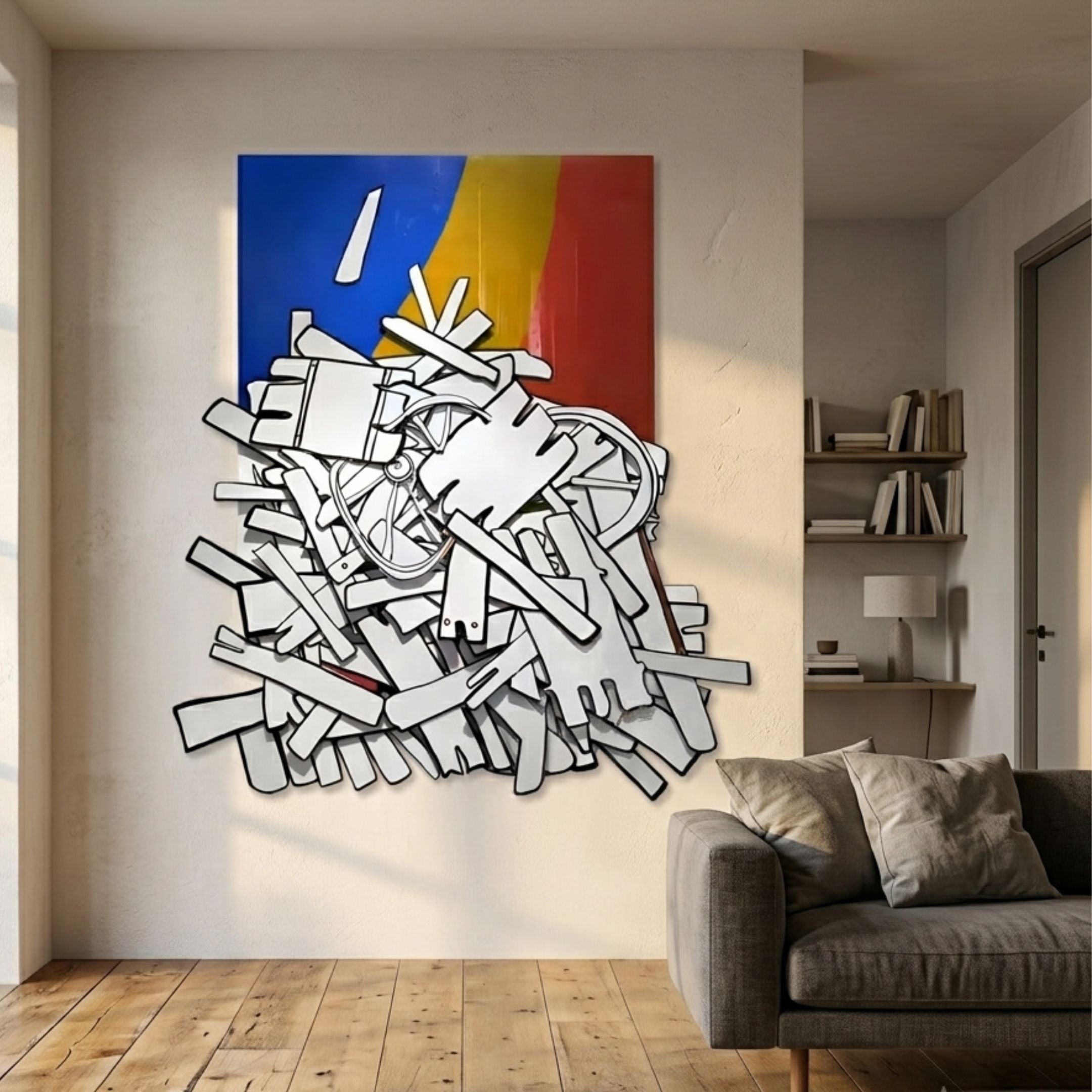Assemblia Multicoloured Hand-Painted Wood Graffiti Wall Art with white outlined planks over blue, yellow, and red blocks, displayed above a sofa in a living room.