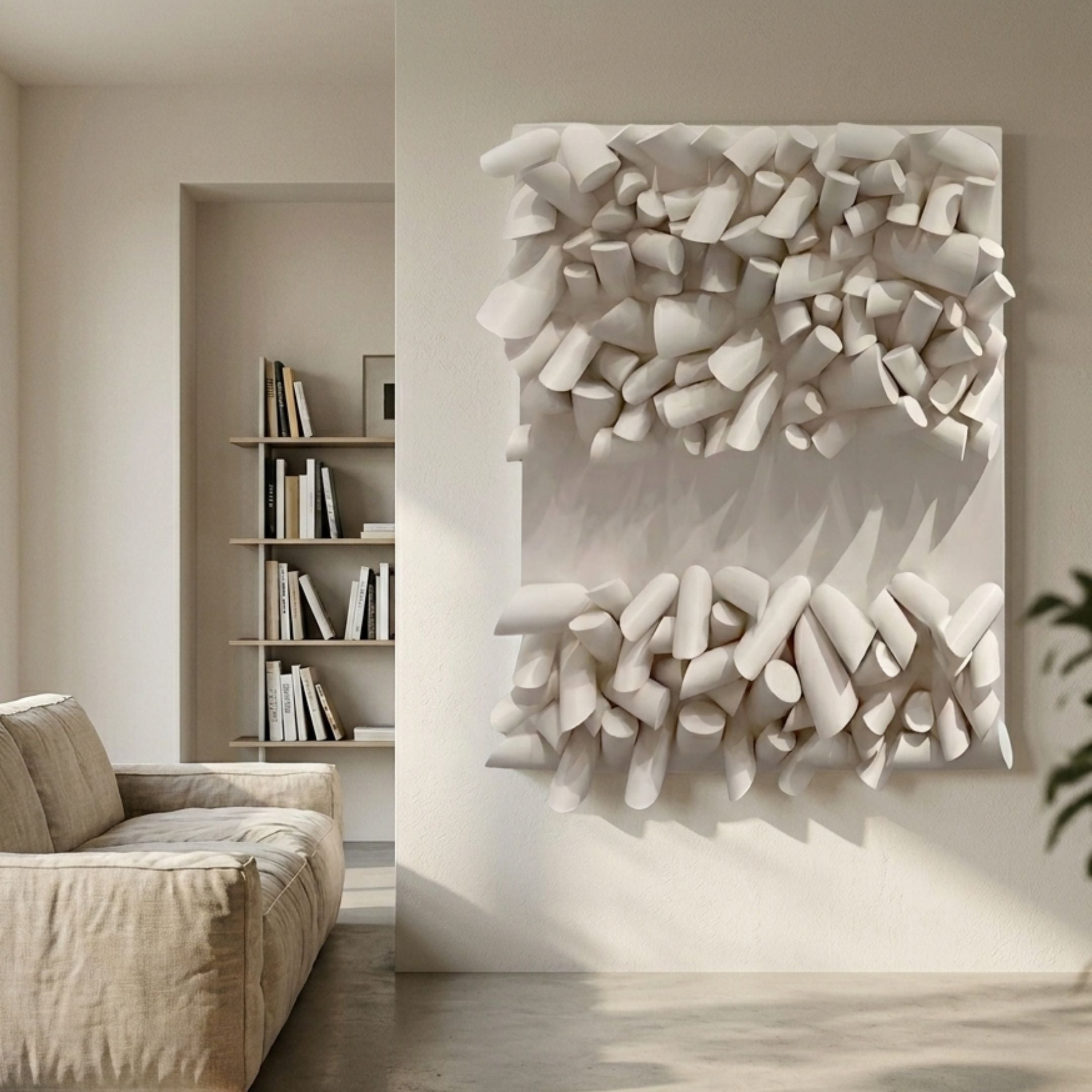 Forme I Cream Wood Cluster Abstract 3D Wall Art by Giant Sculptures, mounted in a minimalist living room above a linen sofa near a book-lined alcove.