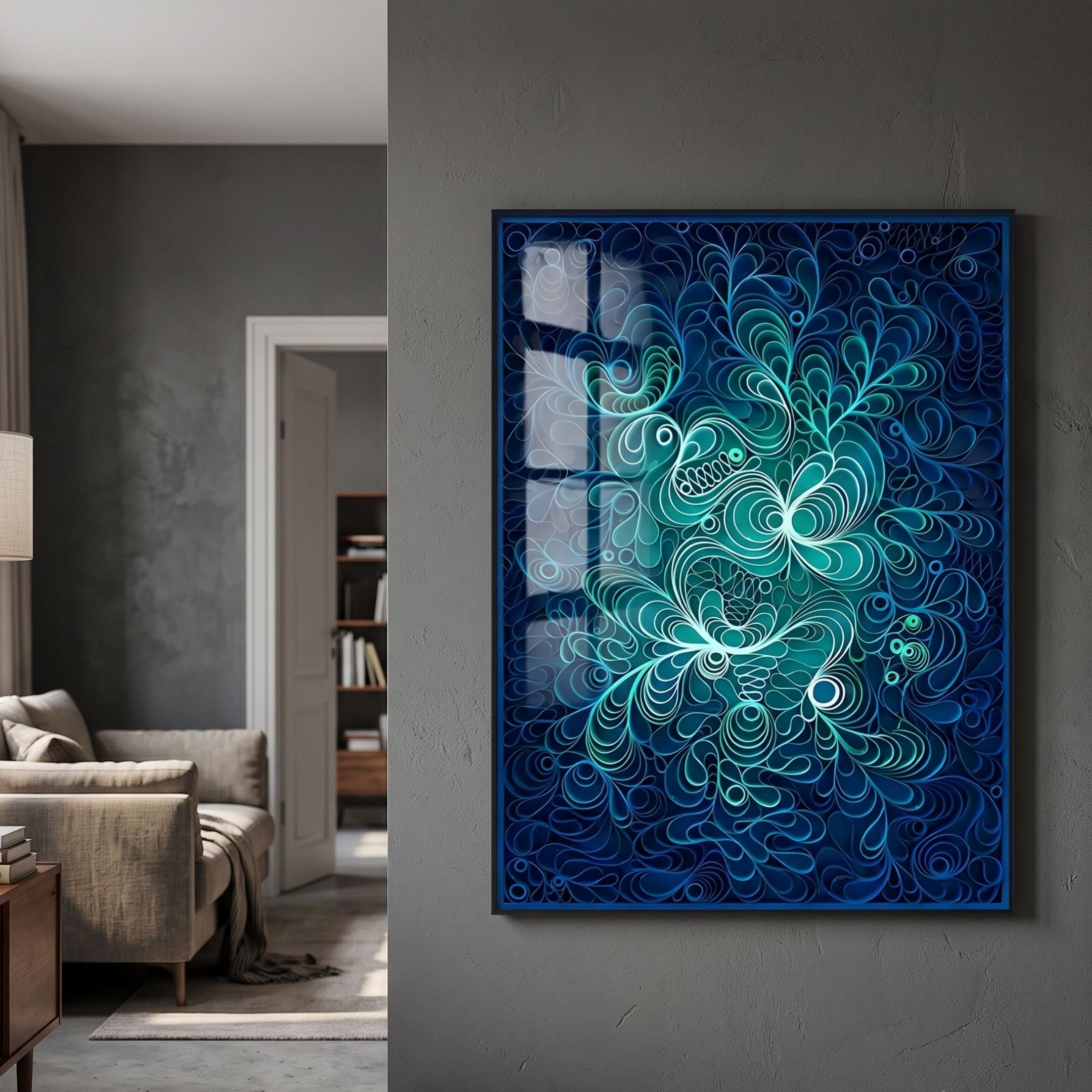 Filigree Azure Blossom Quilling Paper Wall Art by Giant Sculptures in a blue frame on a grey wall, beside a doorway and beige sofa in a modern living room.