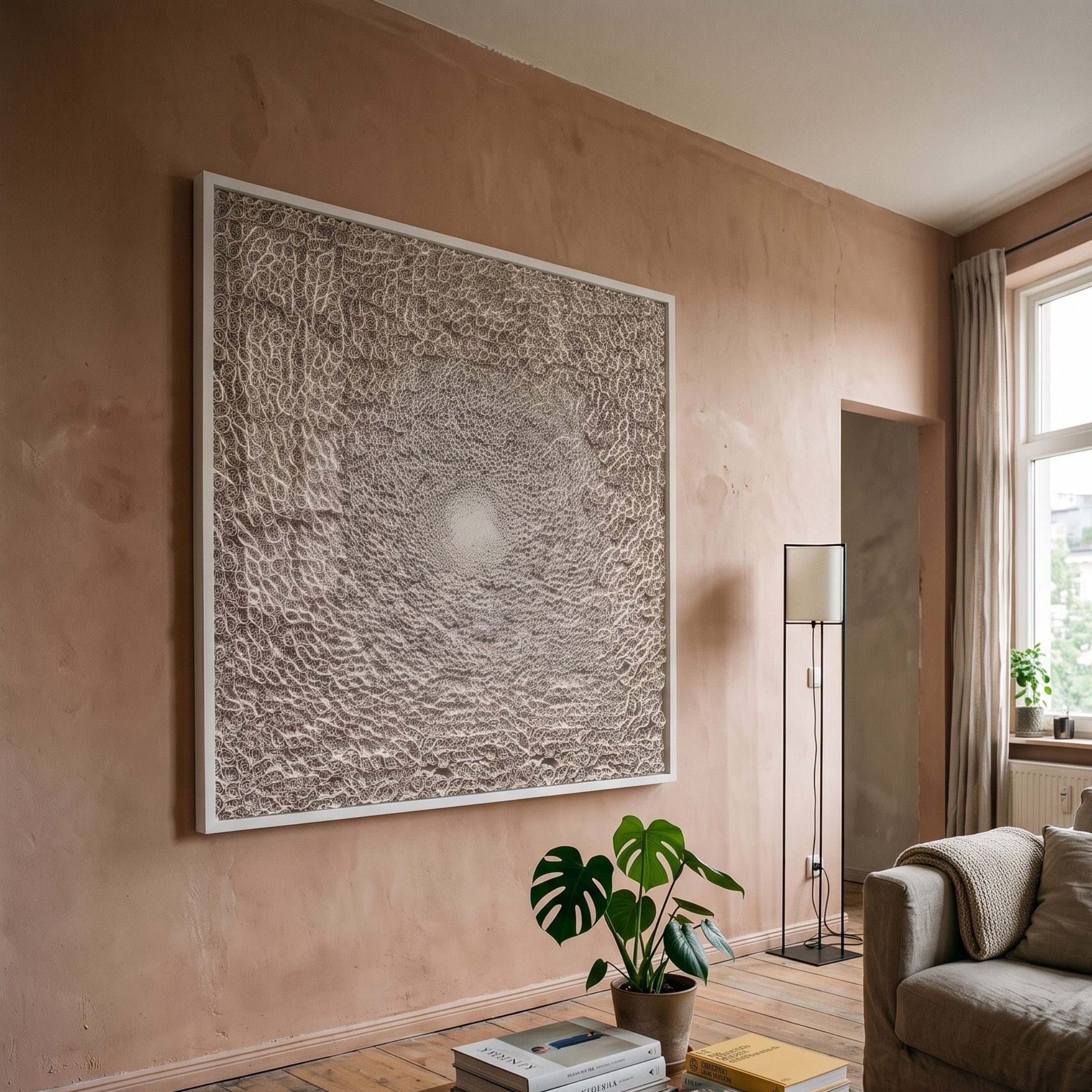 TerraLuma Ivory White Bloom Paper Craft 3D Wall Art by Giant Sculptures displayed on a blush plaster wall above a monstera plant in a sunlit living room.