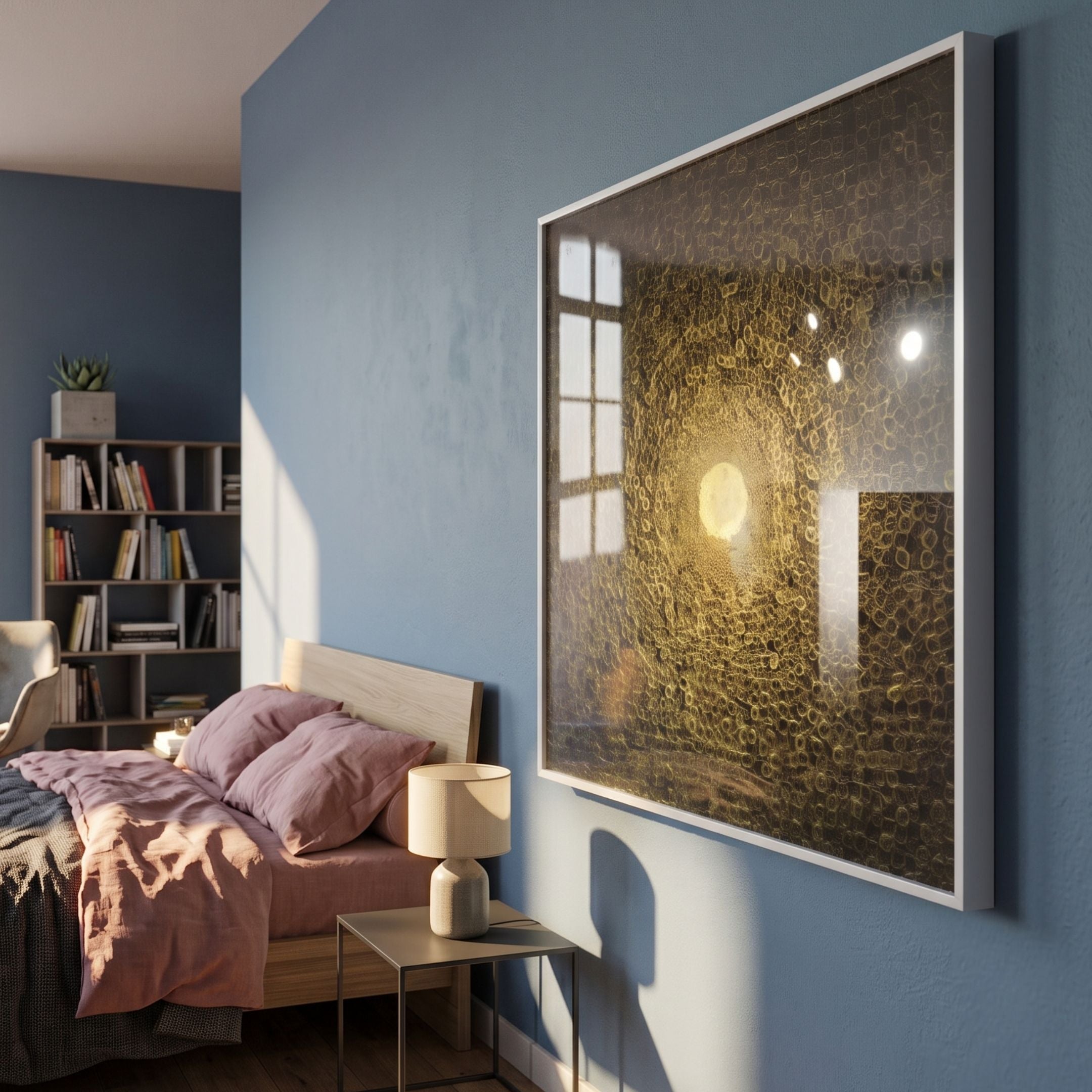 TerraLuma Golden Bloom Paper Craft 3D Wall Art in a square white frame displayed on a blue bedroom wall above a side table beside a bed and bookshelf.