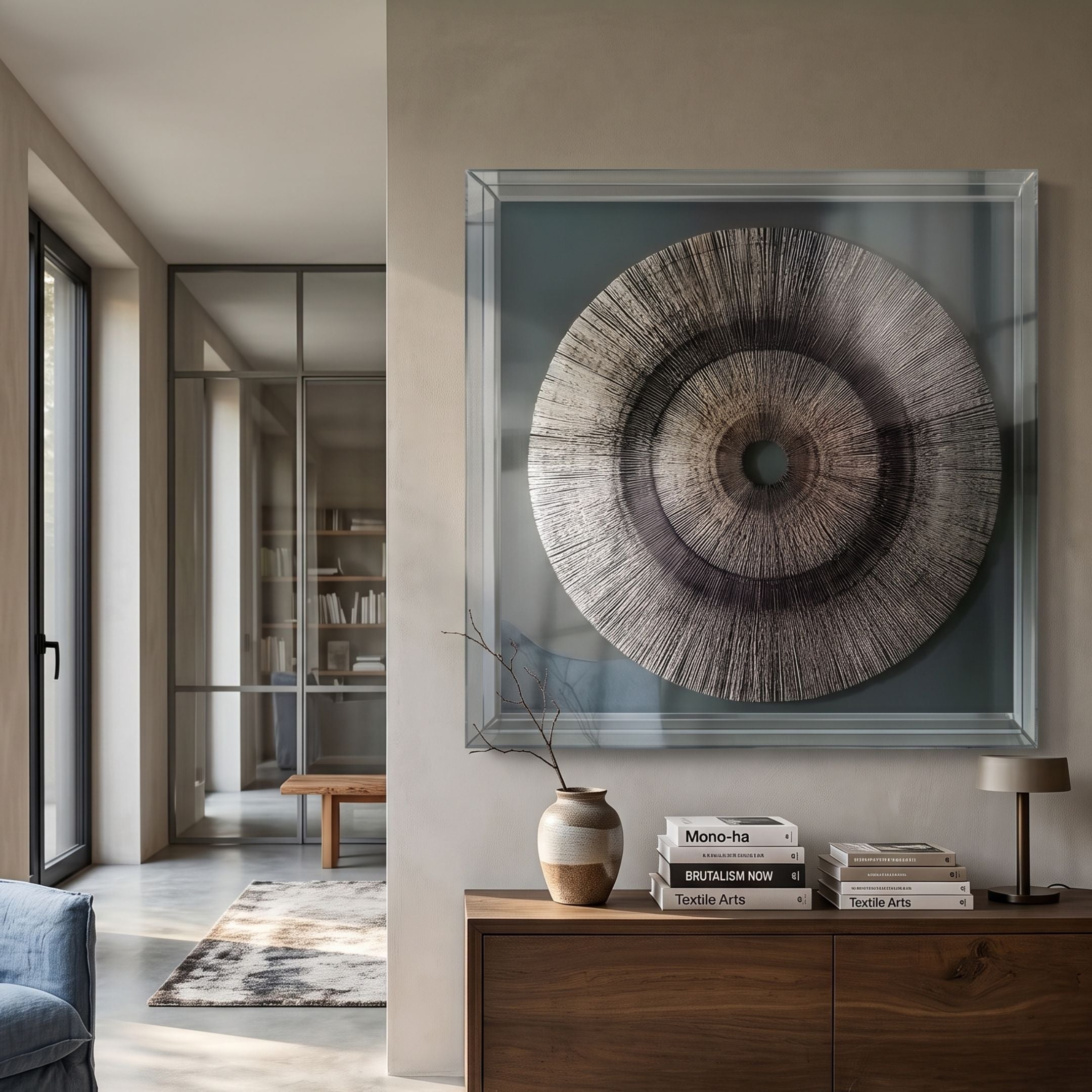 Oculis Emerald Horizon Square Handmade 3D Paper Wall Art with radiating silver and black sunburst lines, displayed above a walnut sideboard with books and vase.