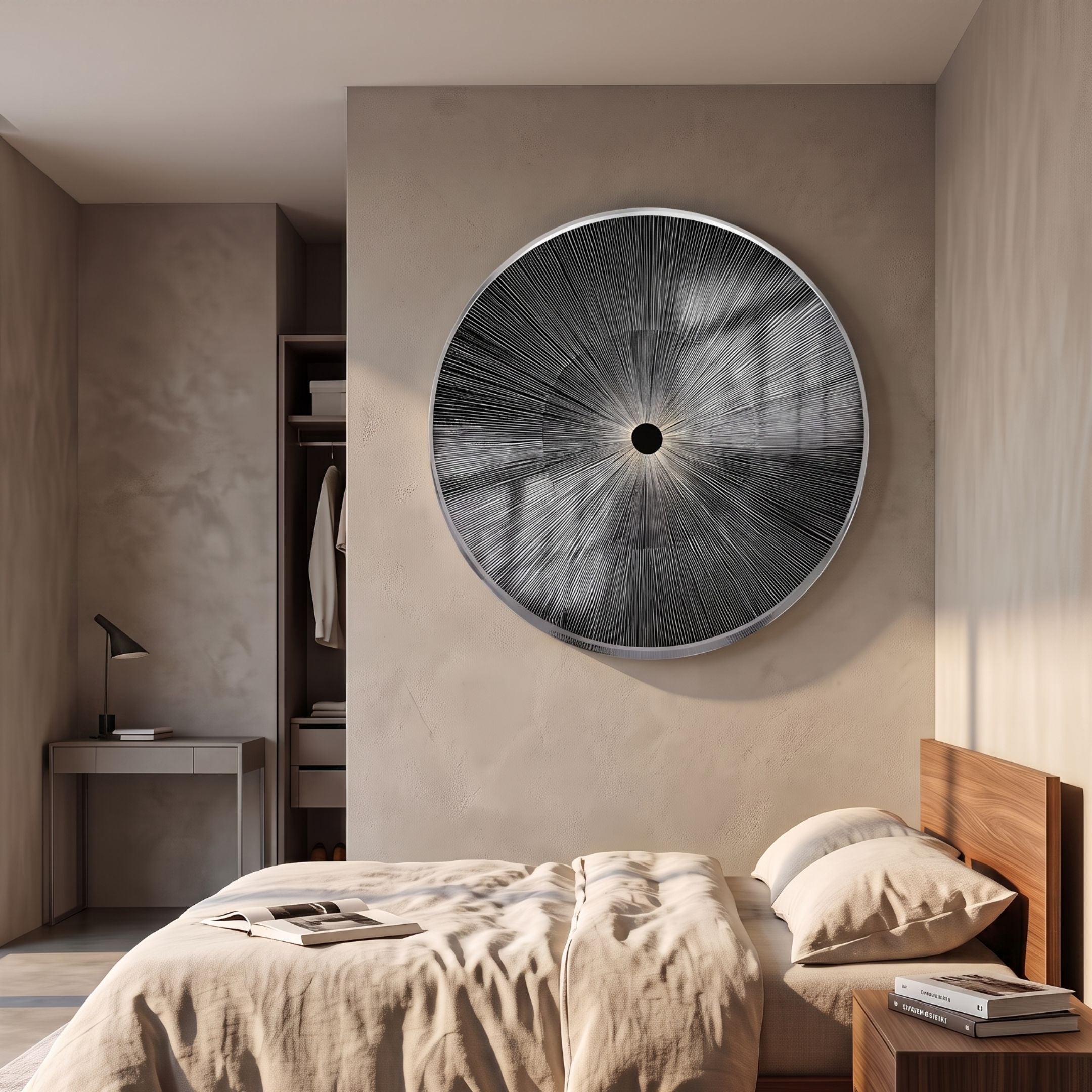 Oculis Dark Monochrome Circular Handmade 3D Paper Wall Art by Giant Sculptures mounted above a wooden bed in a minimalist bedroom with neutral linen bedding.