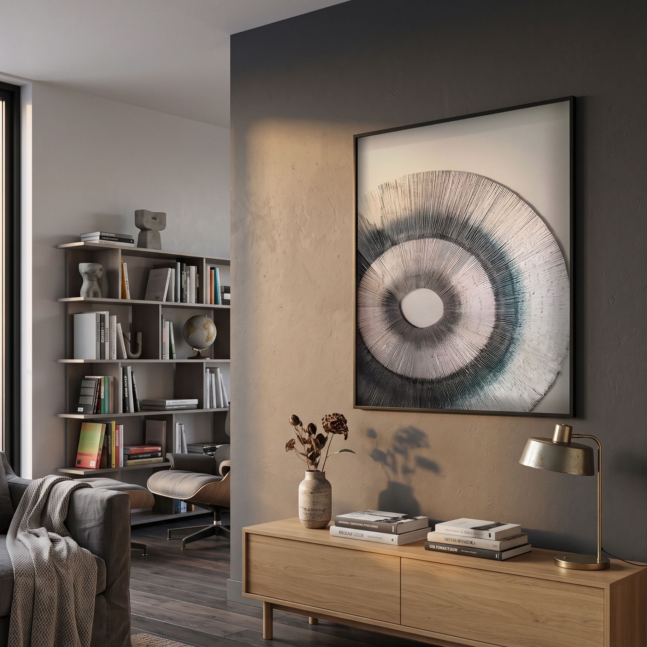 Auralis Monochrome Concentric Circular Cardboard Craft Wall Art by Giant Sculptures framed above a wooden sideboard in a modern living room with bookshelf.