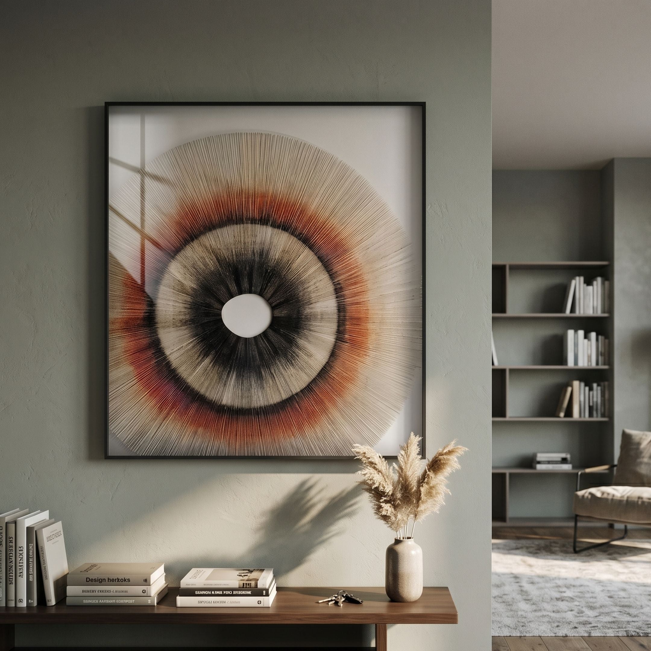 Auralis Earthy Tone Concentric Circular Cardboard Craft Wall Art by Giant Sculptures displayed above a wooden console with books and pampas grass in a sage-toned living room.