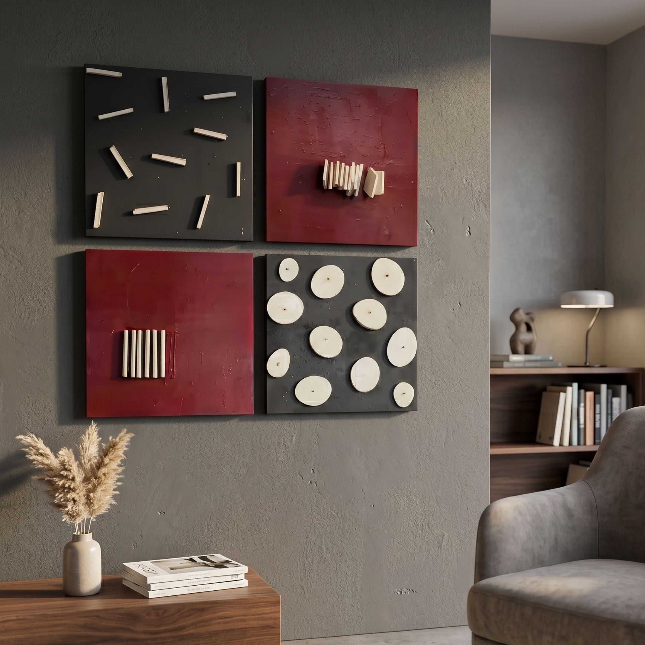 Modulus Black & Red Quad Panel Set Abstract Wall Art by Giant Sculptures arranged in a 2x2 grid on a grey wall above a console with pampas grass.
