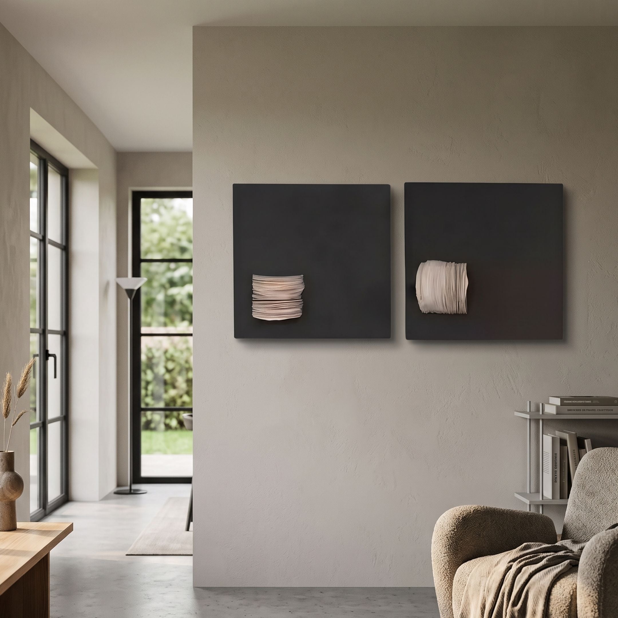Modulus Black & White Duo Panel Abstract Wall Art by Giant Sculptures, two matte black squares with stacked white discs, displayed in a minimalist living room.