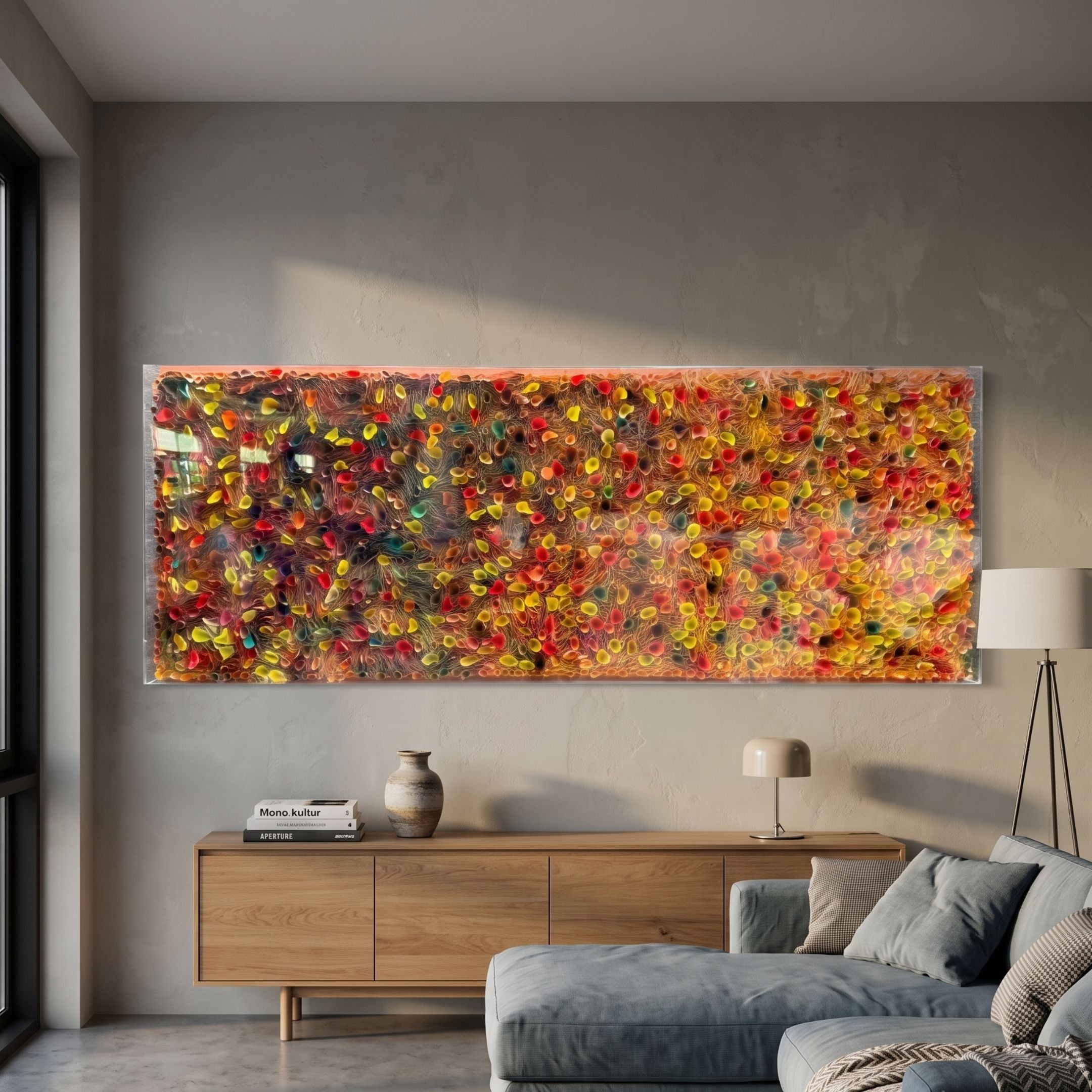 Chromatica Rectangular Multicoloured Gradient Rolled Paper 3D Wall Art by Giant Sculptures mounted above a wooden sideboard in a modern grey living room.