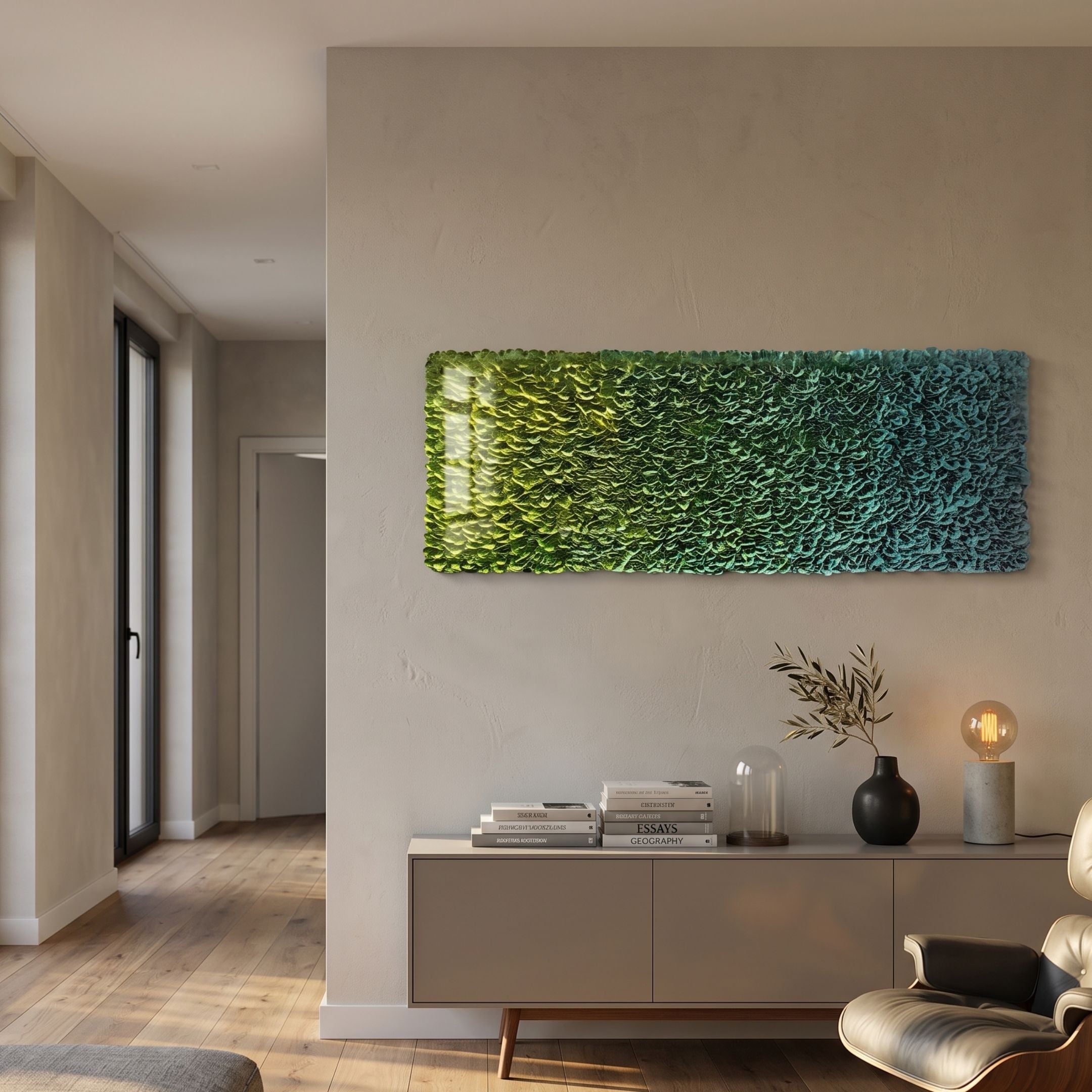 Chromatica Rectangular Lush Green Gradient Paper 3D Wall Art mounted above a sideboard with books, vase, and lamp in a modern hallway interior.
