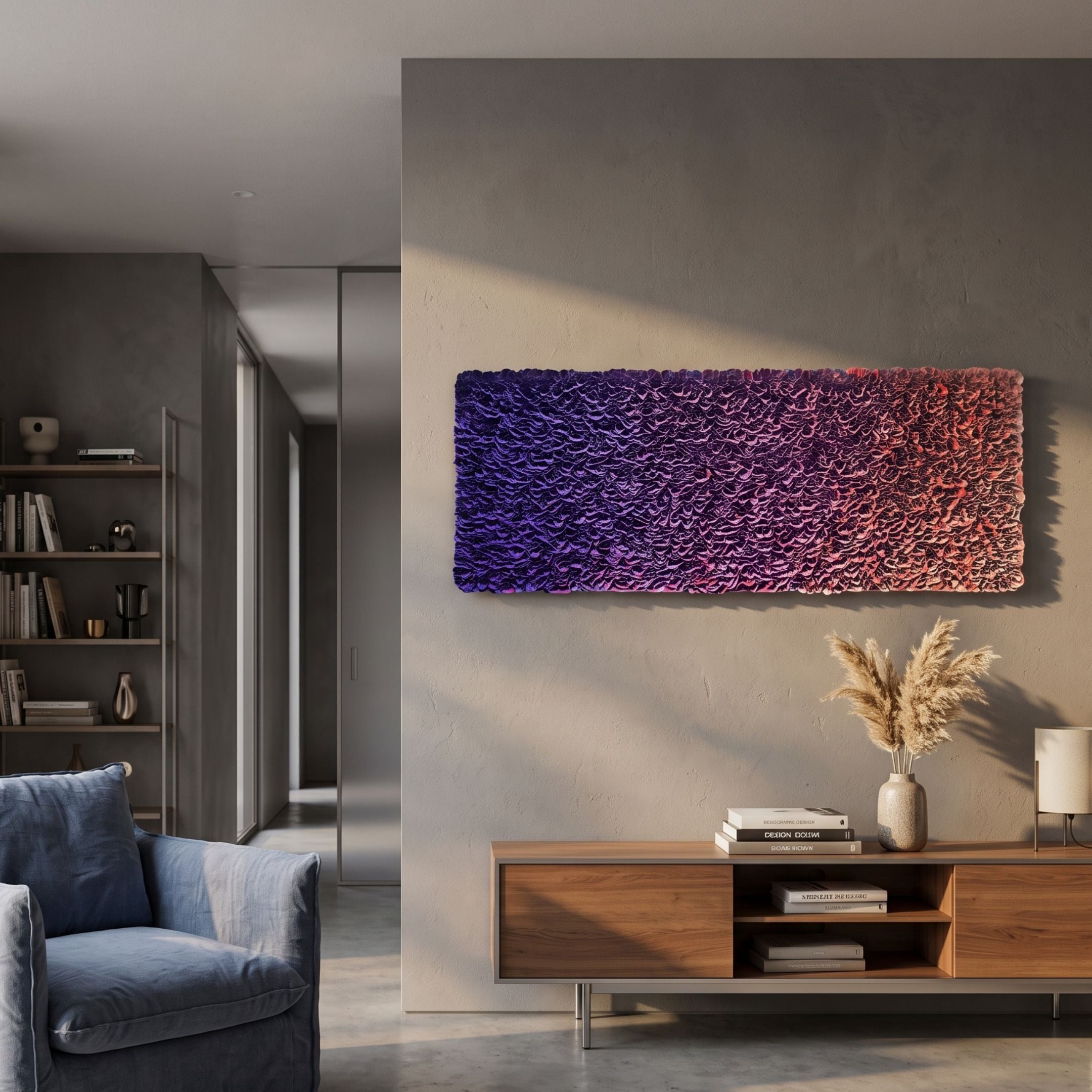 Chromatica Rectangular Vibrant Purple Gradient Paper 3D Wall Art by Giant Sculptures displayed above a wooden console in a modern living room with pampas grass.