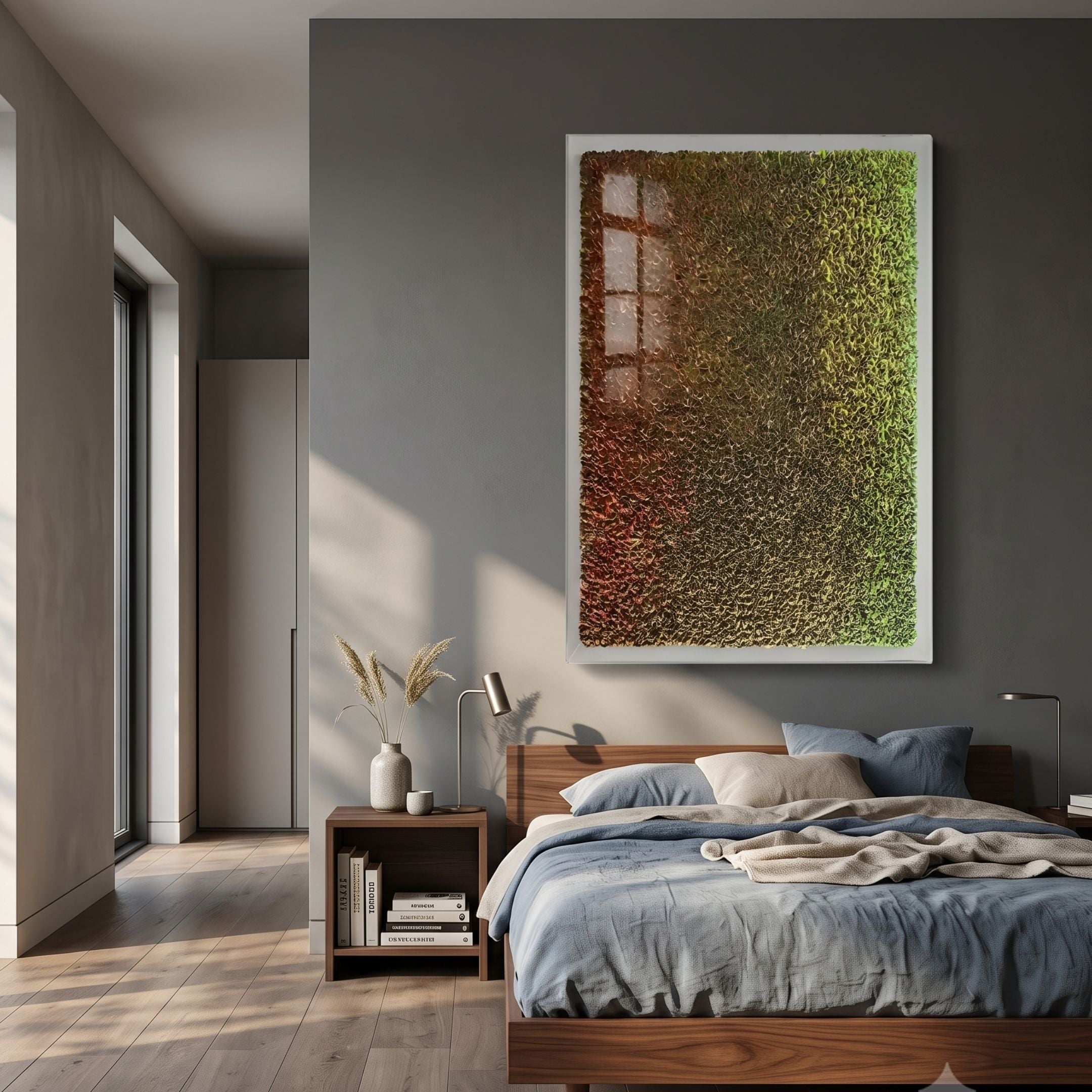 Chromatica Vertical Radiant Red & Green Rolled Paper 3D Wall Art by Giant Sculptures displayed above a wooden bed with blue linens in a modern grey bedroom.
