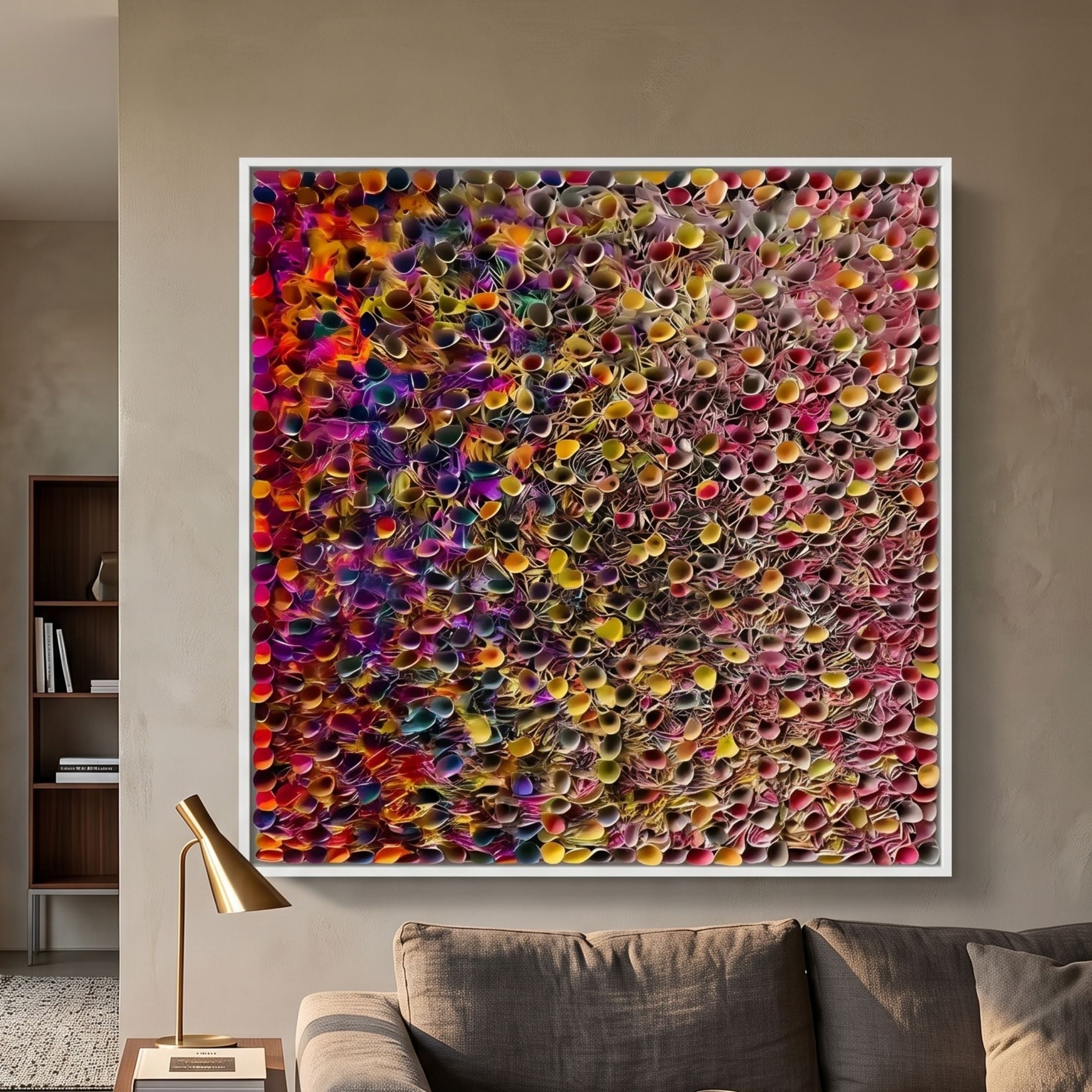 Chromatica Square Multicoloured Gradient Rolled Paper 3D Wall Art by Giant Sculptures in white frame above a grey sofa with brass lamp in a modern living room.