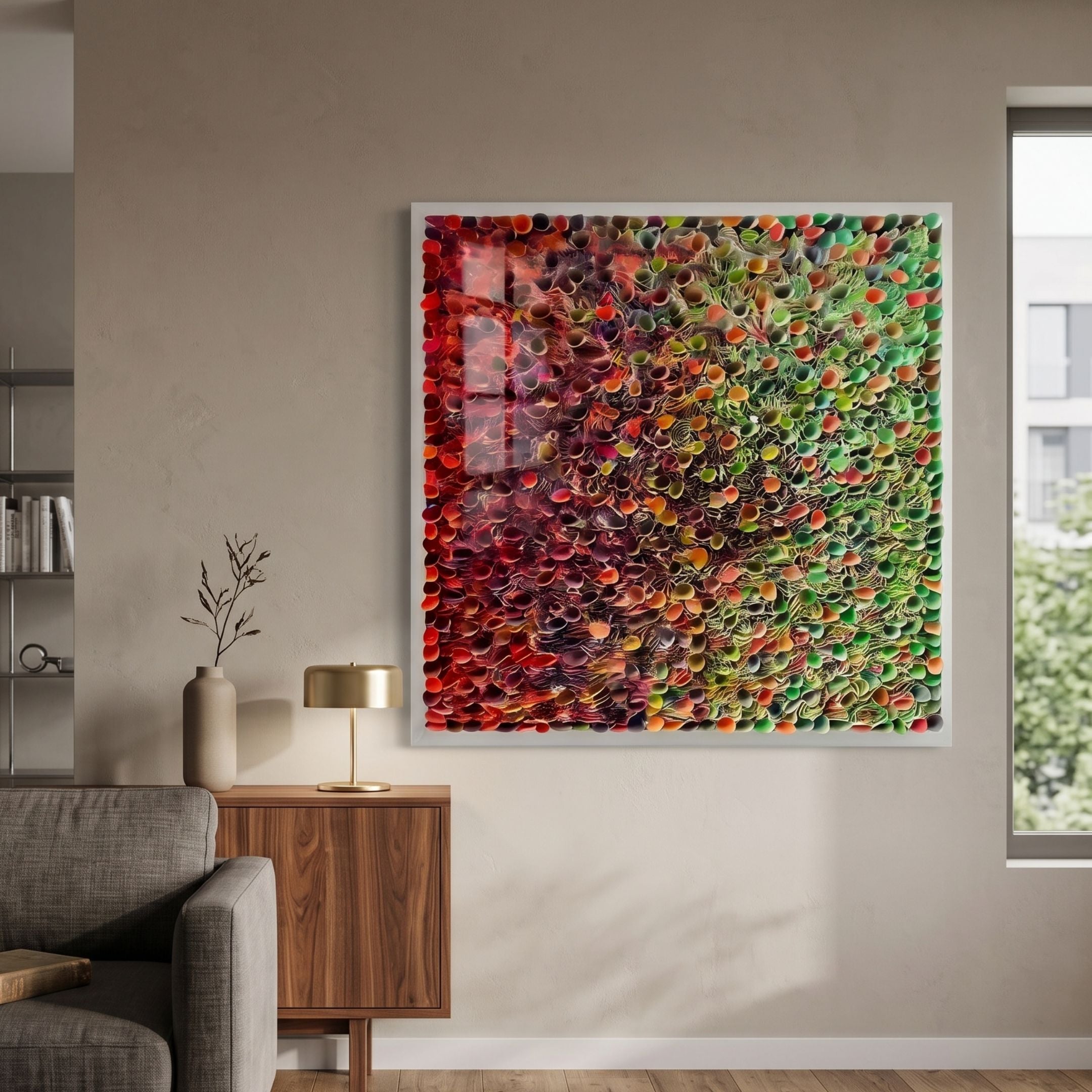 Chromatica Square Radiant Red & Green Rolled Paper 3D Wall Art mounted above a walnut sideboard with brass lamp in a neutral living room.