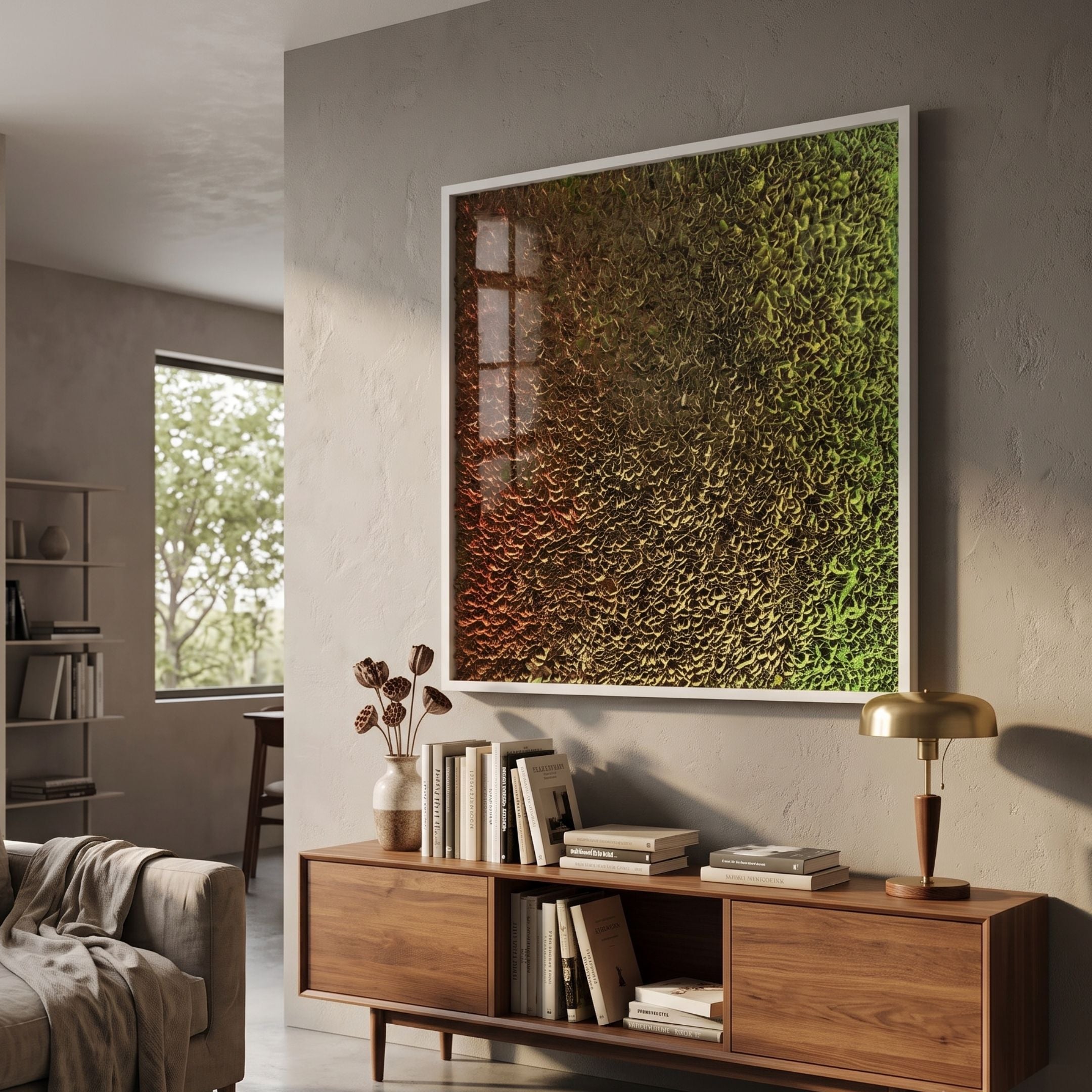 Chromatica Square Radiant Red & Gold Paper 3D Wall Art by Giant Sculptures, mounted above a walnut sideboard with books and a brass lamp in a modern living room.
