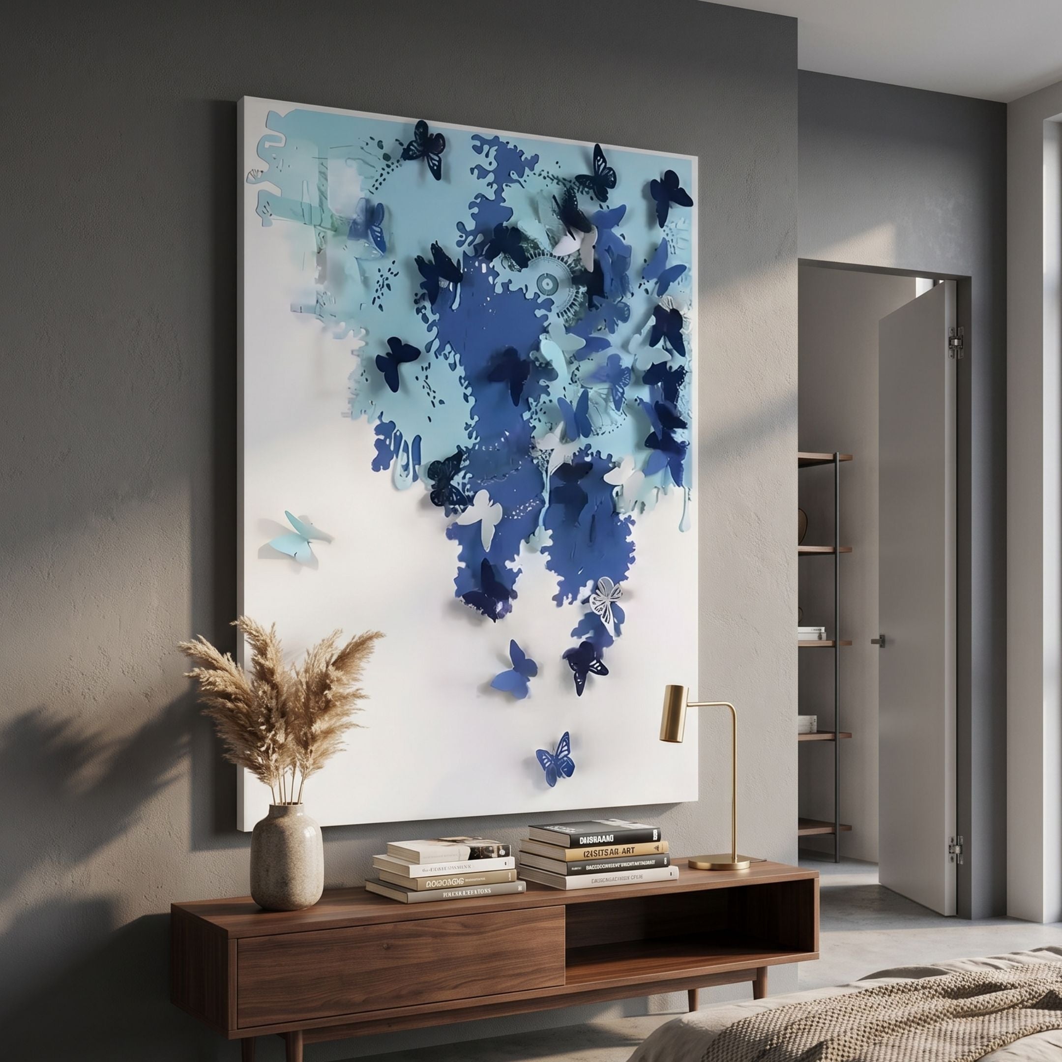 Luminara Blue II Butterfly Paper 3D Wall Art by Giant Sculptures displayed above a walnut console with pampas grass and books in a modern grey hallway.