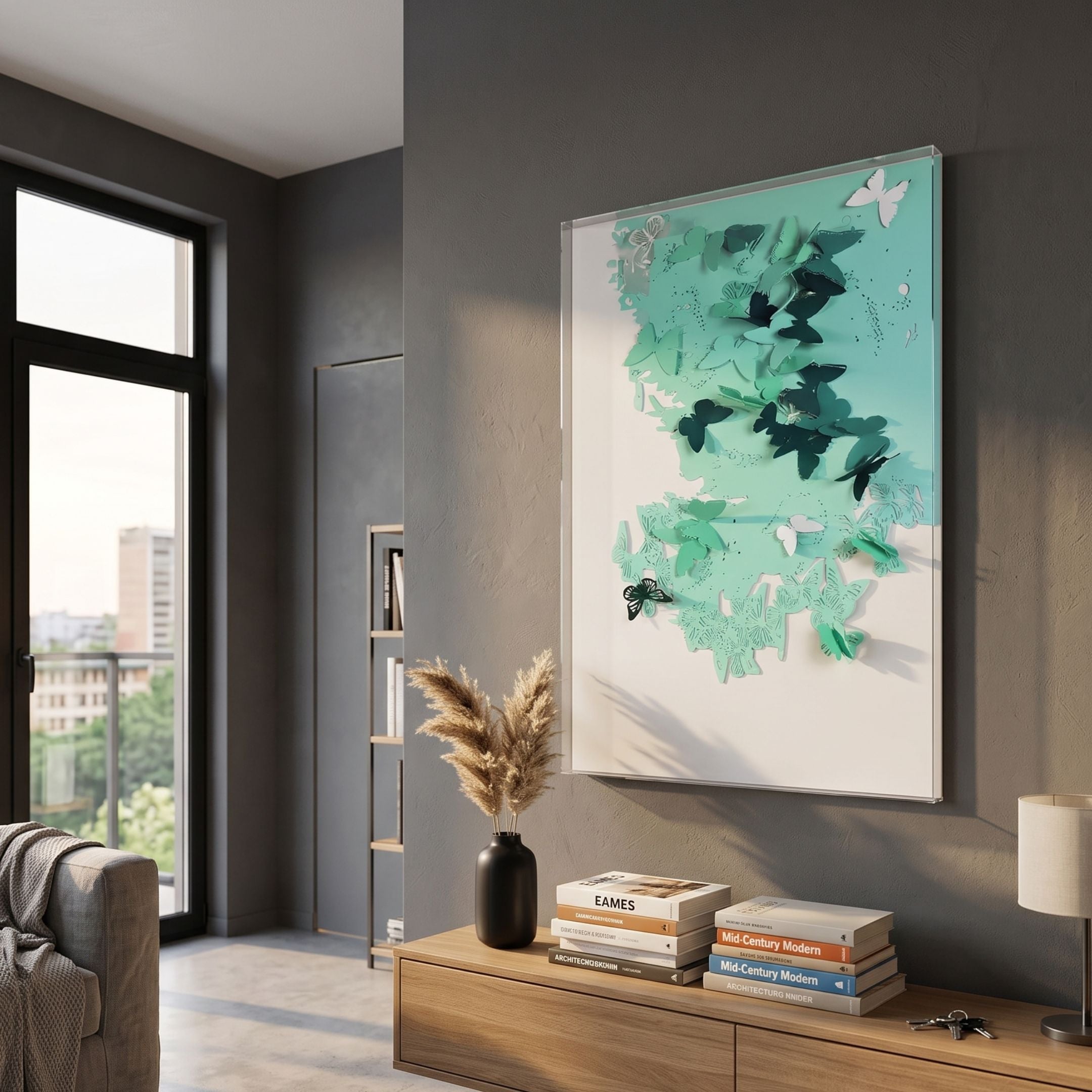 Luminara Green I Butterfly Paper 3D Wall Art by Giant Sculptures displayed on a dark grey living room wall above a wooden console with books and pampas grass.