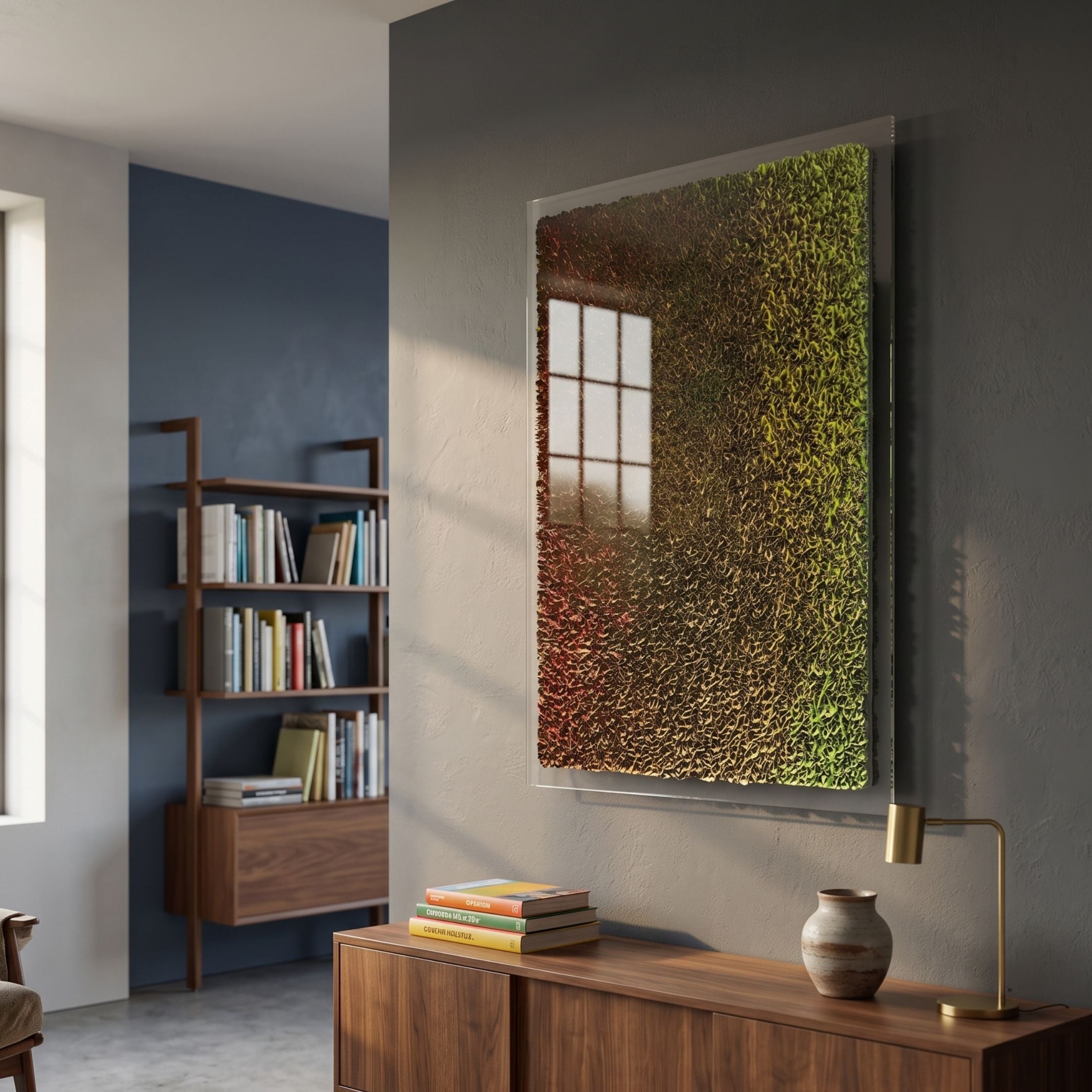 Chromatica Vertical Radiant Red & Gold Paper 3D Wall Art by Giant Sculptures displayed on a grey wall above a walnut sideboard with books, vase, and brass lamp.