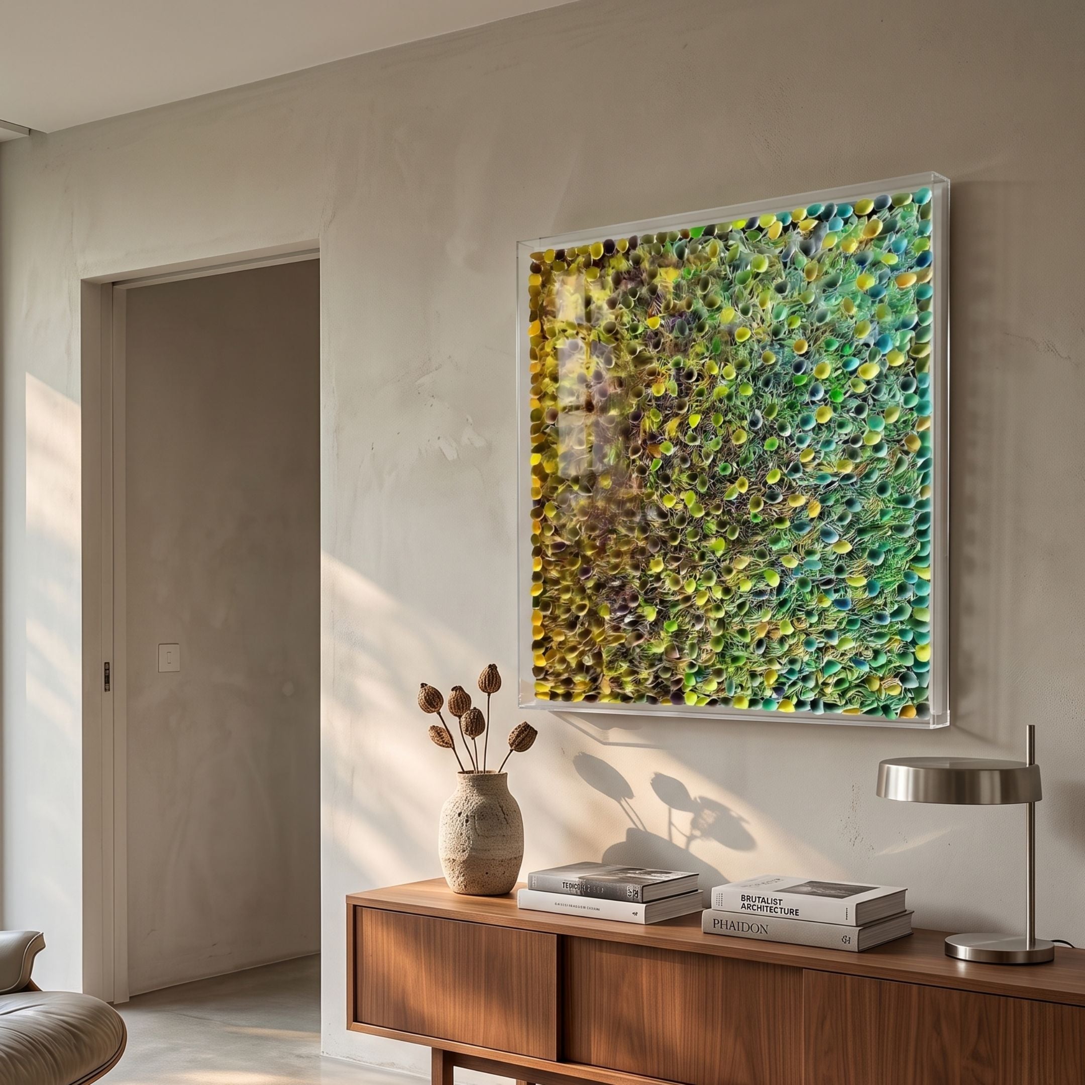 Chromatica Square Vibrant Green Rolled Paper 3D Wall Art by Giant Sculptures displayed above a walnut sideboard with vase, books, and lamp in a modern living room.