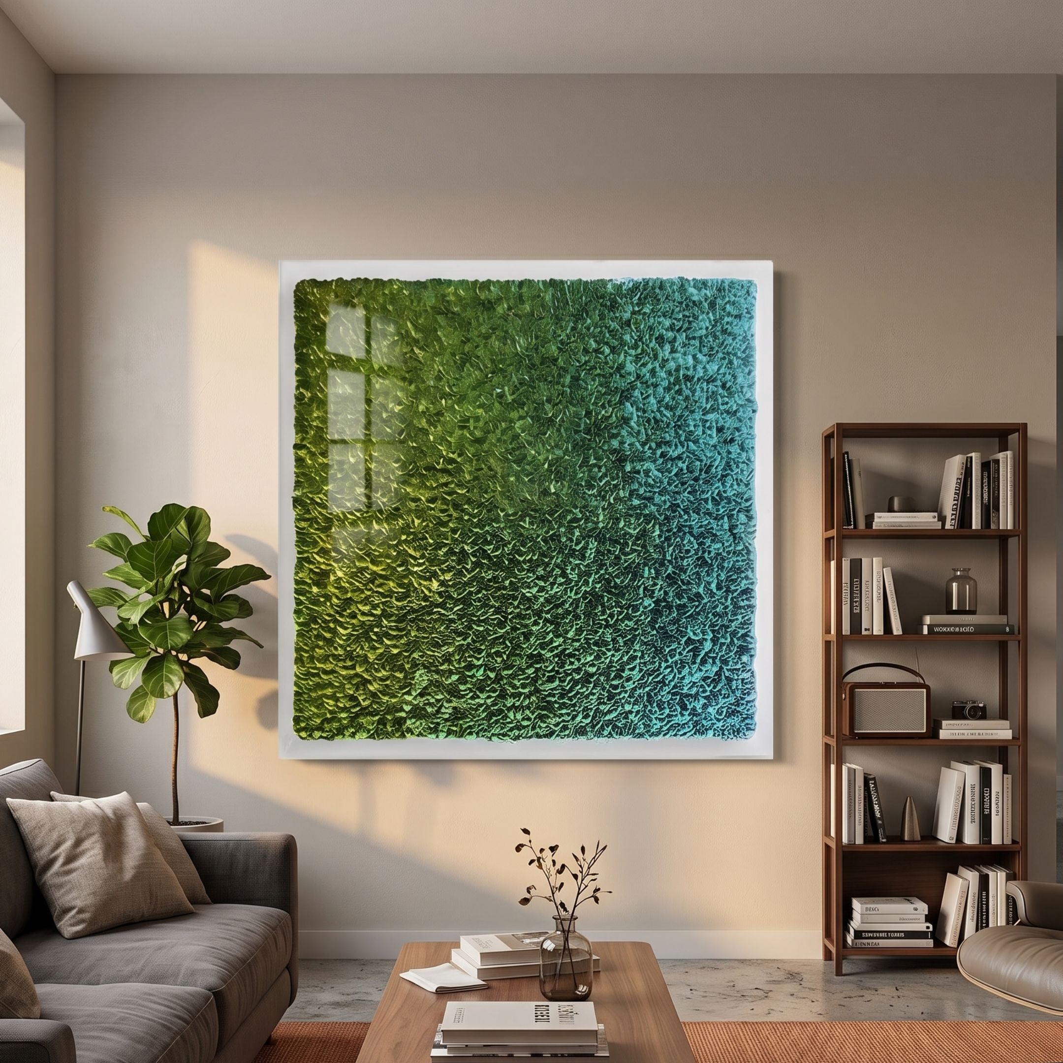 Chromatica Square Lush Green Gradient Paper 3D Wall Art by Giant Sculptures displayed above a grey sofa in a modern living room with bookshelf and plant.