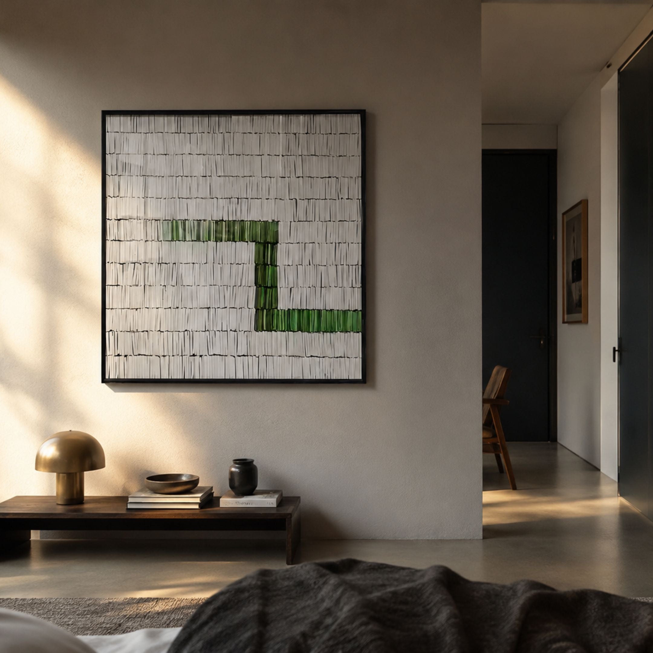 Tracery I Green & White Textured Paper Wall Art by Giant Sculptures displayed above a low wooden console with a brass lamp in a minimalist bedroom.