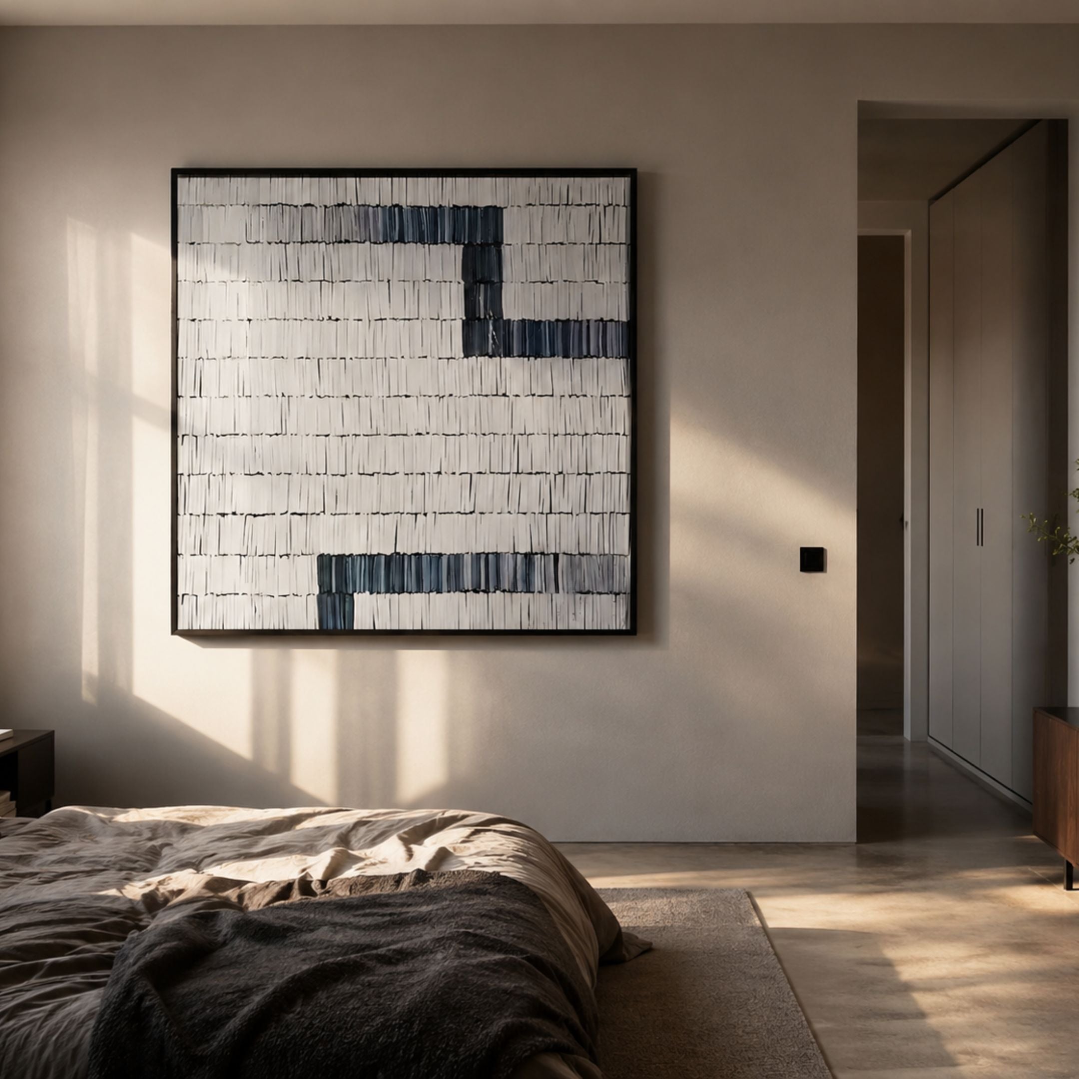 Tracery IV Blue & White Textured Paper Wall Art by Giant Sculptures displayed on a beige bedroom wall above a linen-dressed bed, lit by soft directional sunlight.