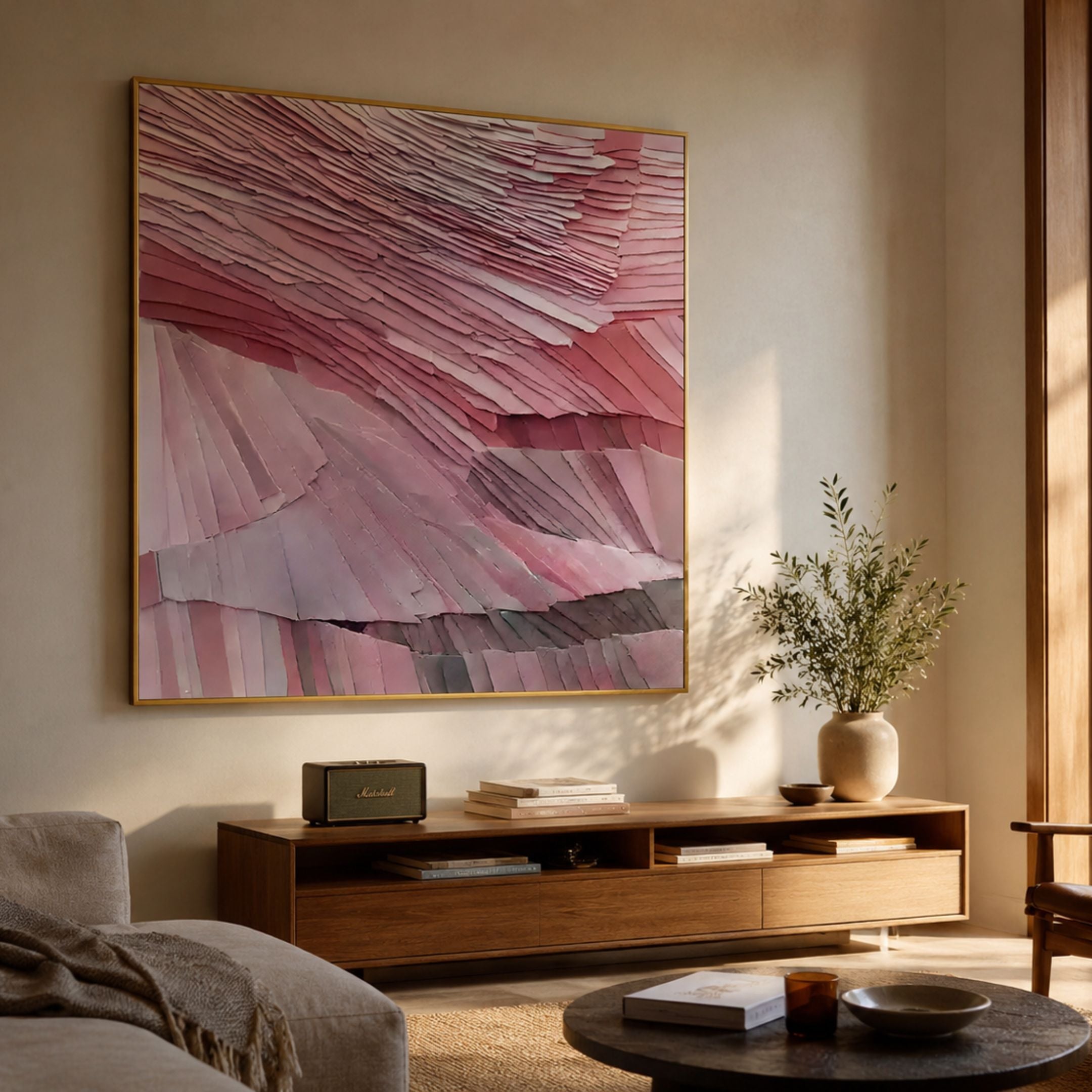 Terrane Graceful Pink Layered Abstract Wall Art by Giant Sculptures in a gold frame above a wooden console with a Marshall speaker and olive branches.