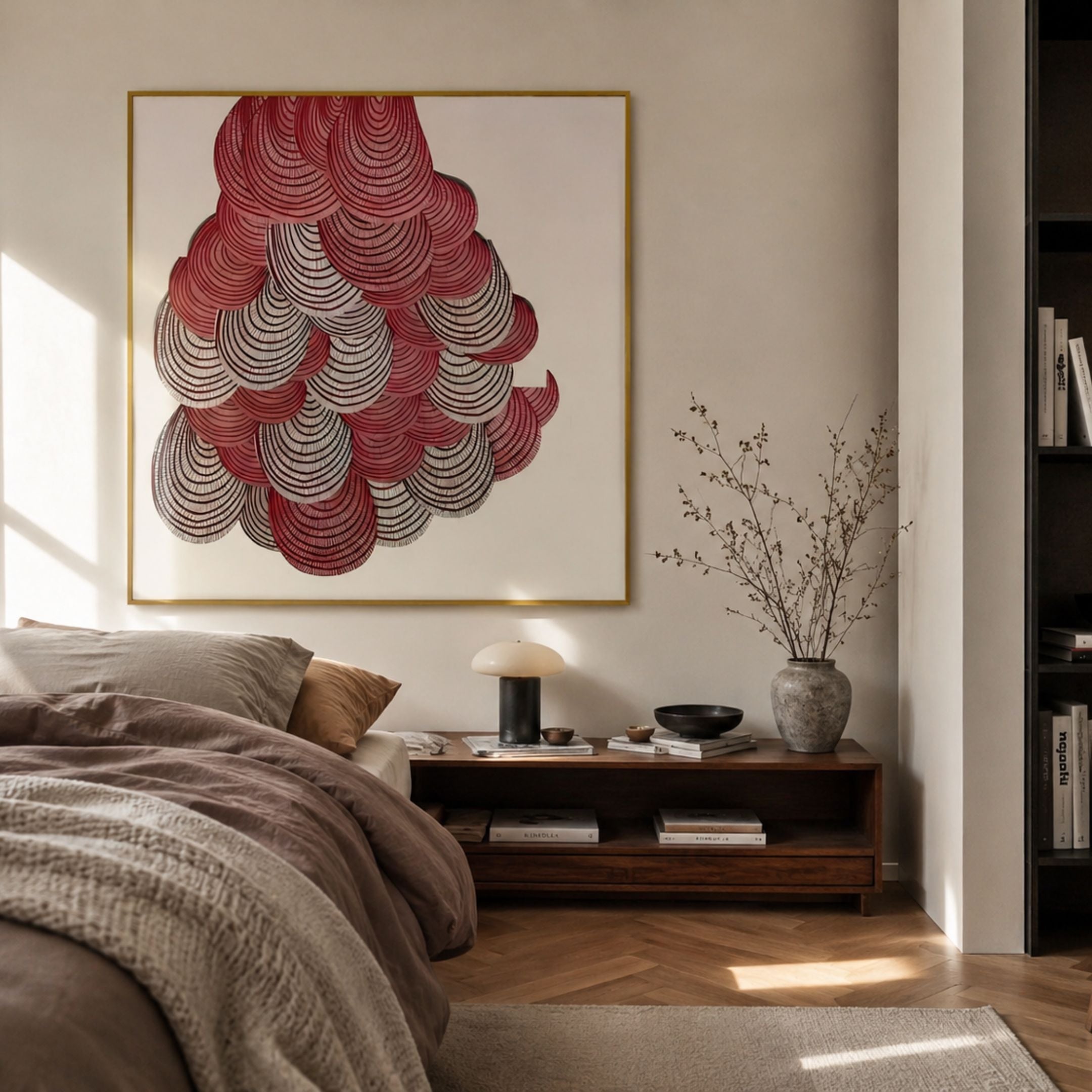 Rosette II Vibrant Red Circular Pattern Wall Art by Giant Sculptures, gold-framed layered semi-circles in red, pink and black, above a wooden bedroom console.