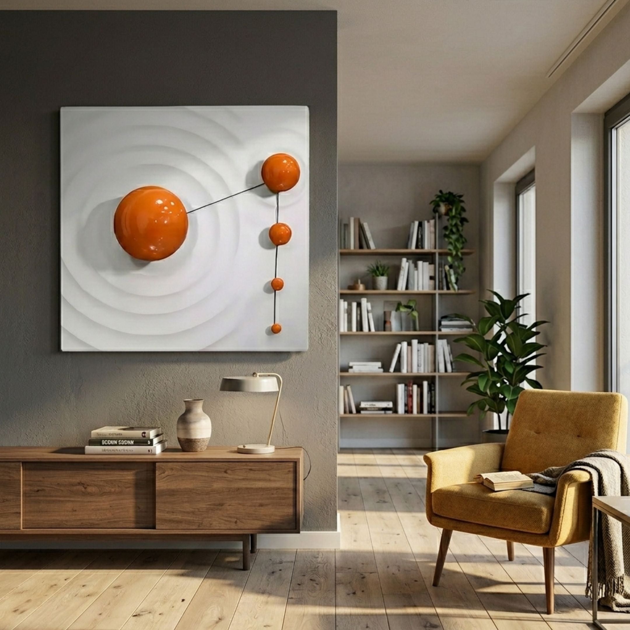 Galactica White Wood Relief 3D Wall Art with five glossy orange metal spheres by Giant Sculptures, displayed above a wooden sideboard in a modern living room.