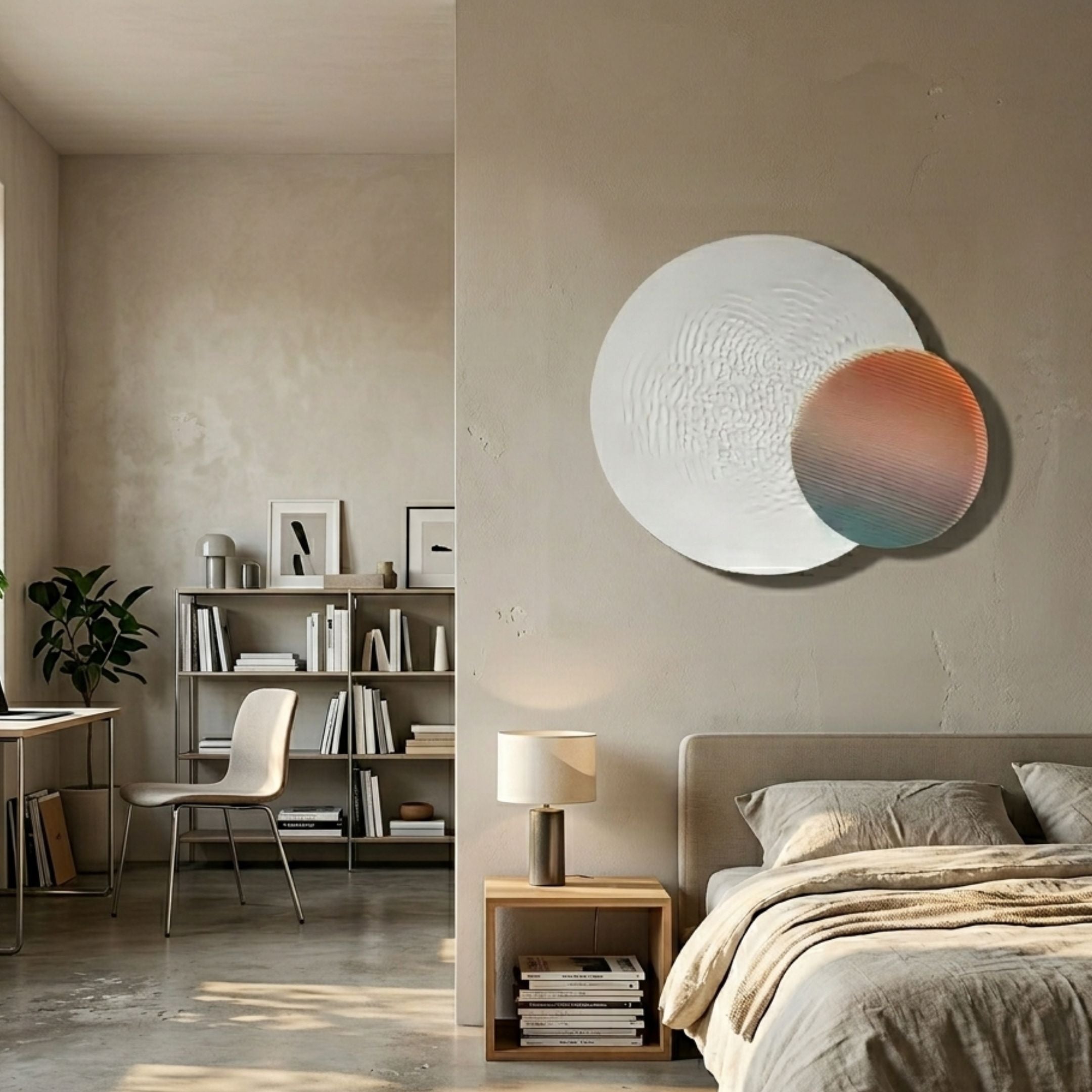 Lucentis White & Sunset Gradient Wood Relief 3D Wall Art by Giant Sculptures mounted above a bed beside a bookshelf, lamp, and chair in a neutral bedroom.