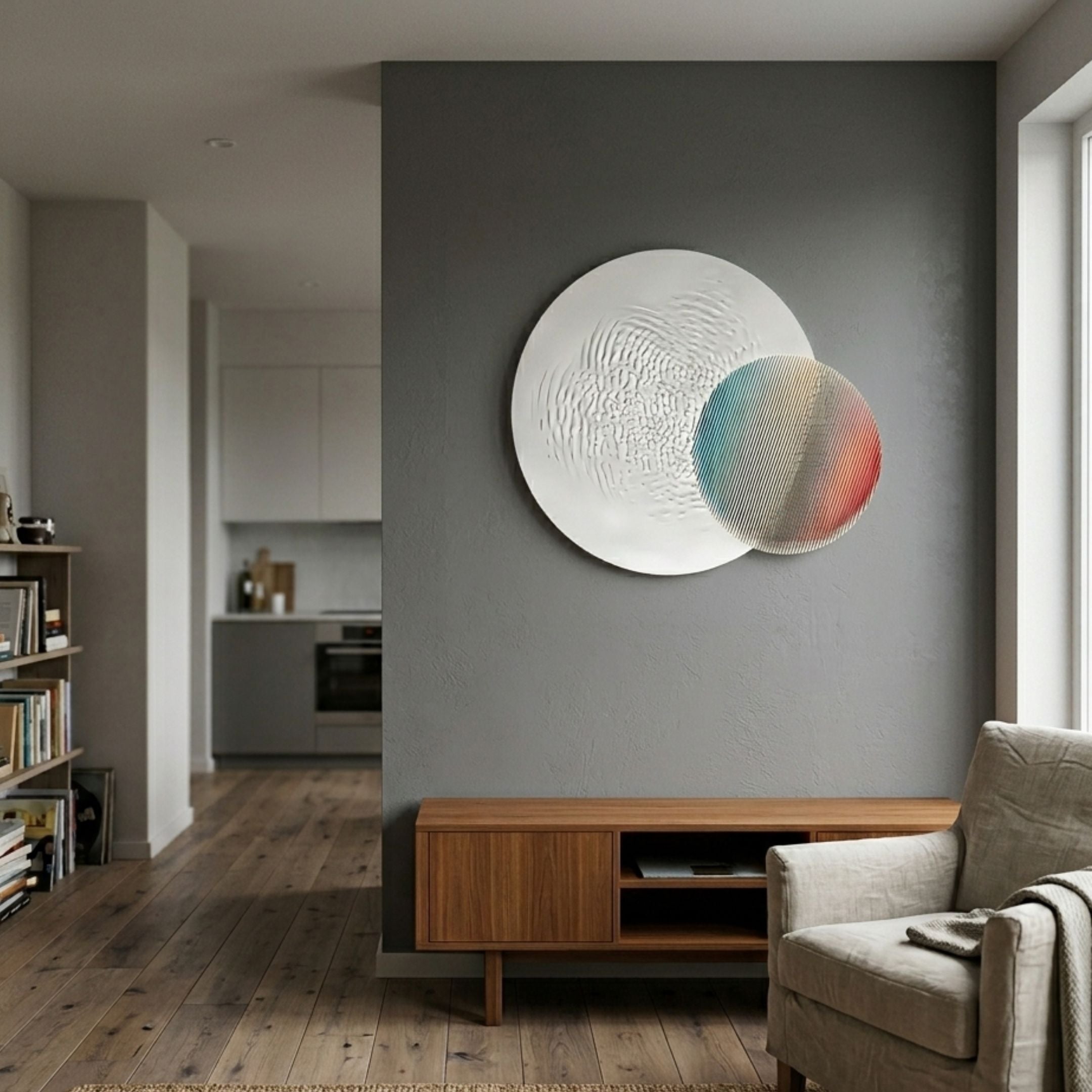 Lucentis White & Pastel Gradient Wood Relief 3D Wall Art mounted on a grey wall above a wooden sideboard in a modern living room with armchair and bookshelf.