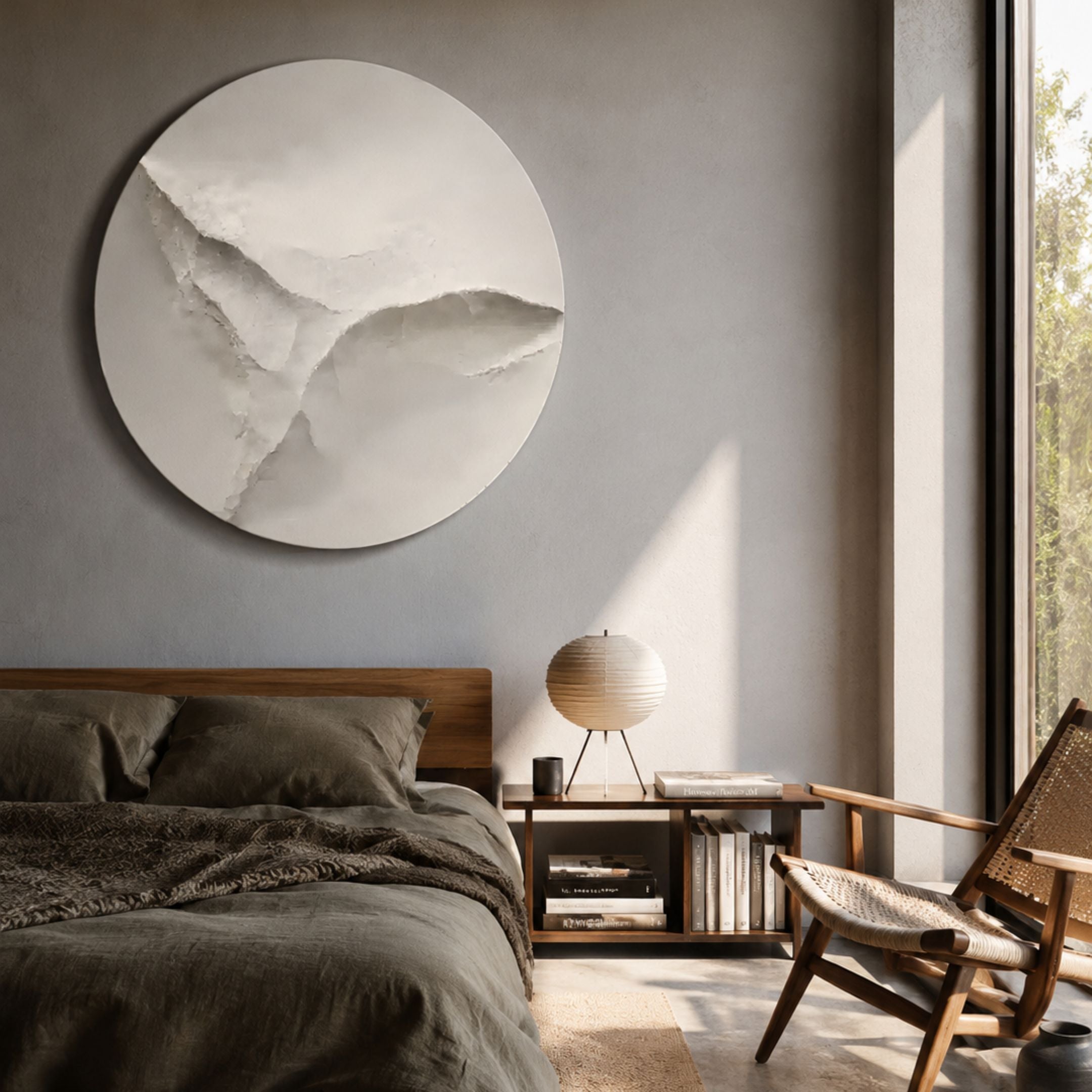 Selene V White Sandstone Textured 3D Wood Relief Wall Art by Giant Sculptures, a round piece with cracked peeling layers, displayed above a wooden bed with dark linen.