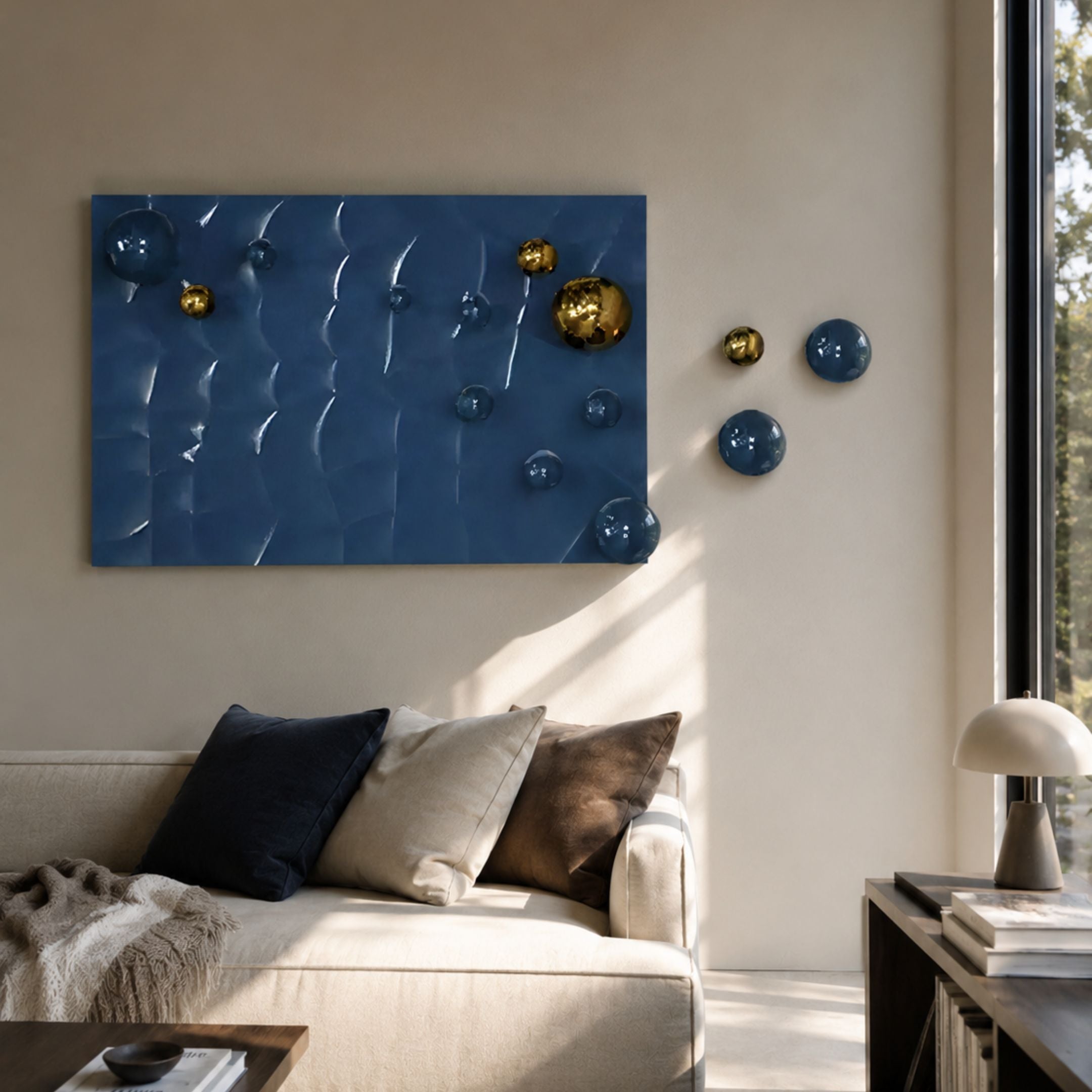 Orbison Blue 3D Wood Relief Wall Art by Giant Sculptures displayed above a cream sofa, with blue and gold spheres extending onto the wall beside the panel.