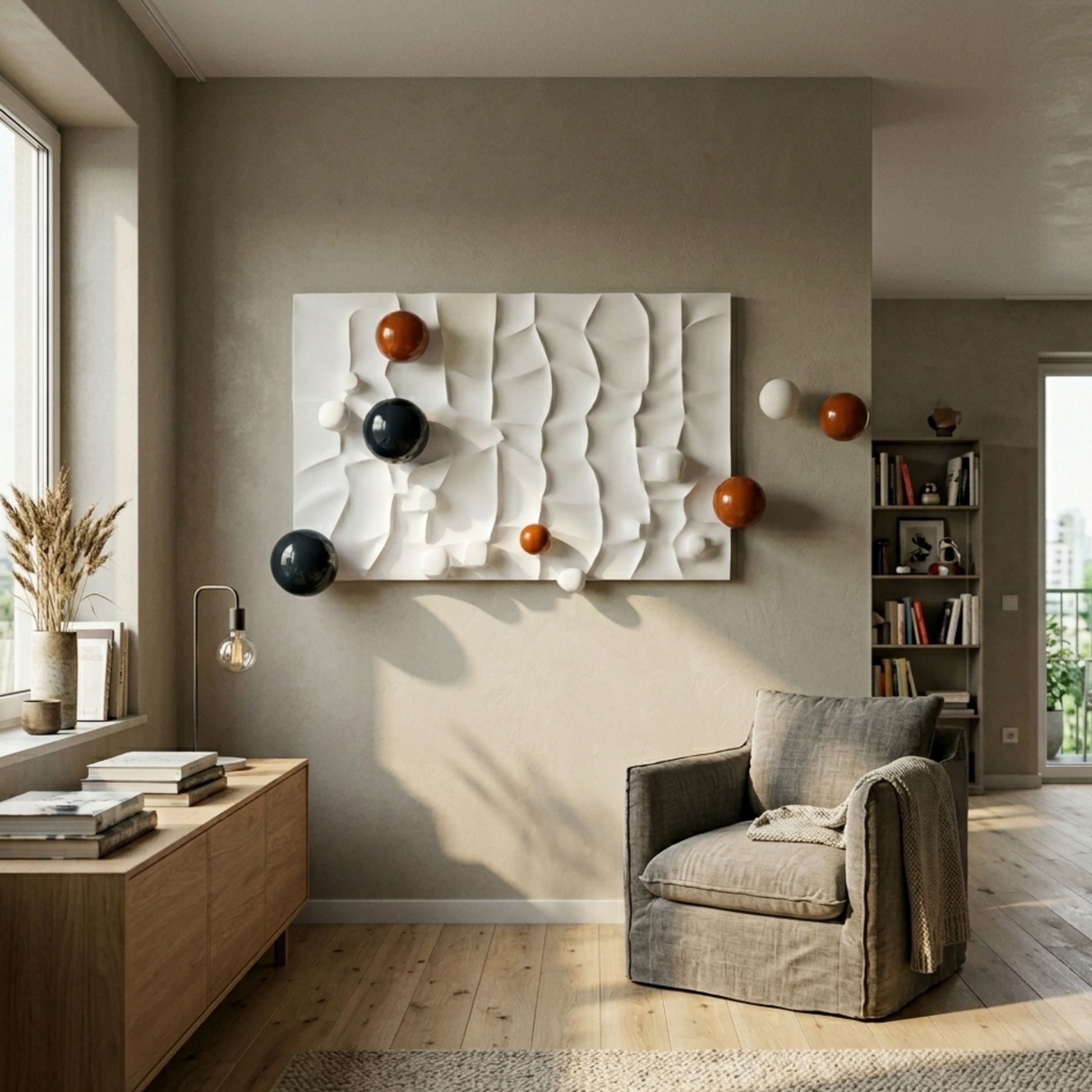 Orbison White 3D Wood Relief Wall Art by Giant Sculptures displayed in a neutral living room above a wooden sideboard, beside a linen armchair and bookshelf.