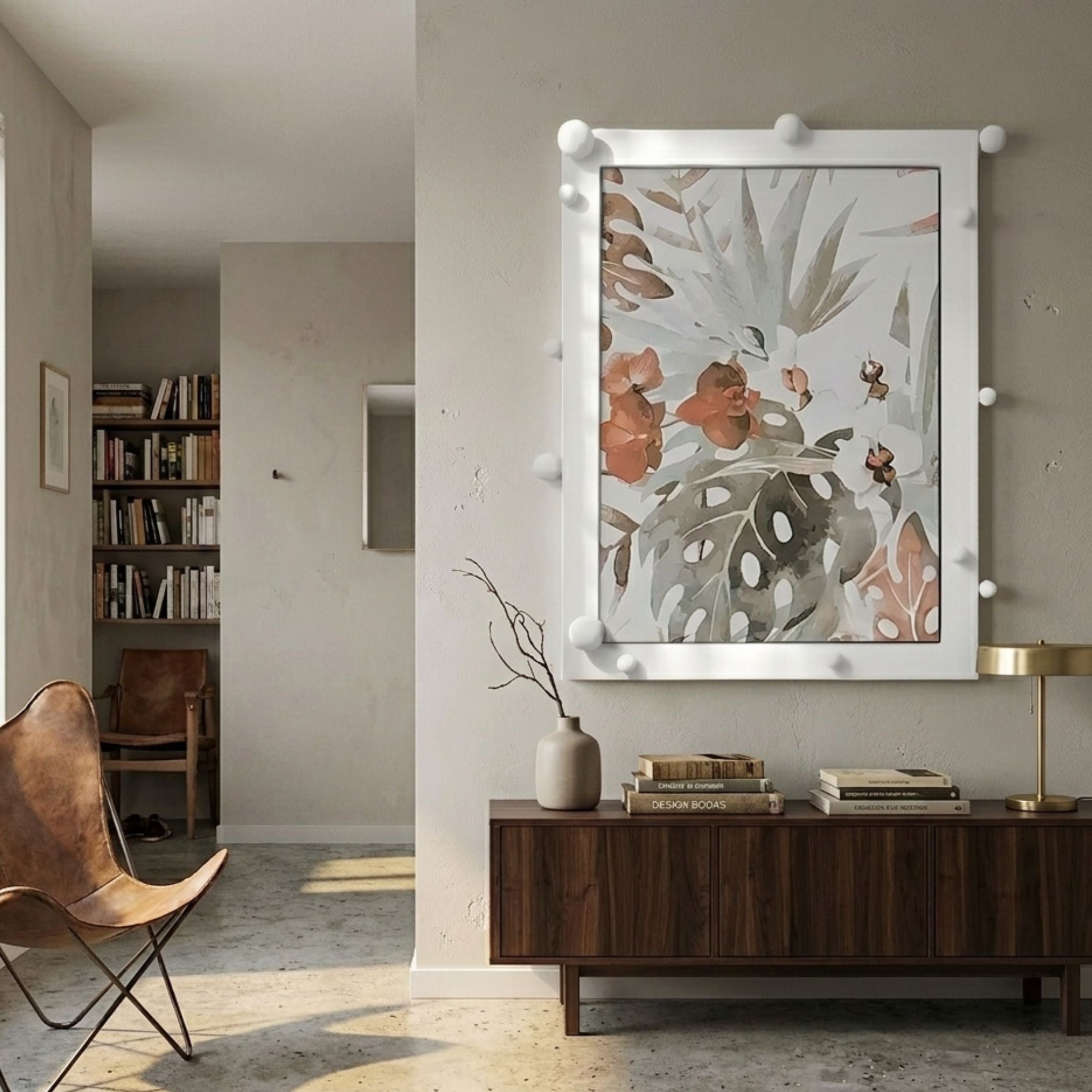 Florere Botanical Harmony Hand-Painted Sandstone 3D Wall Art by Giant Sculptures with green leaves and orange flowers, mounted above a walnut sideboard in a Nordic living room.