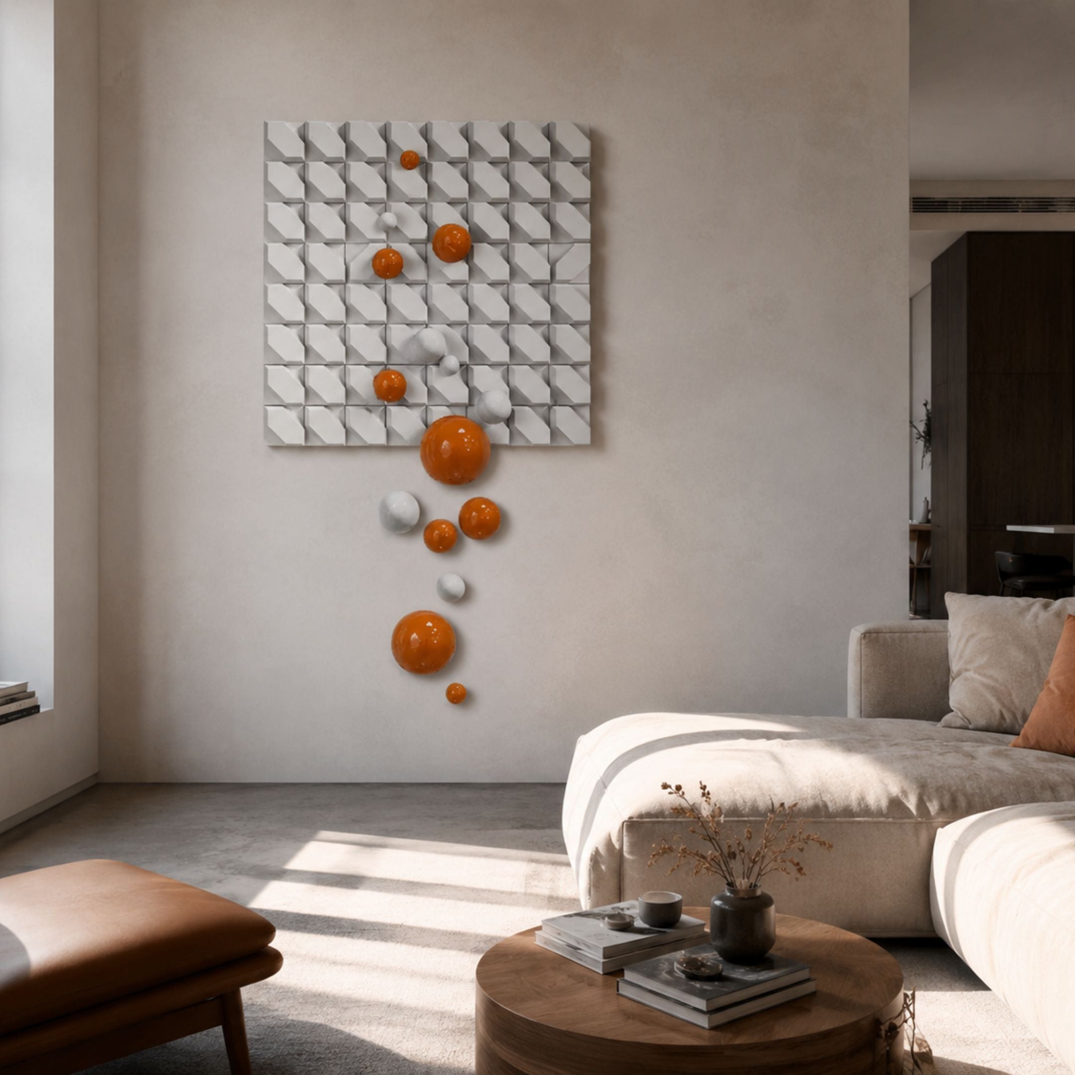 Orbina White 3D Wood Relief Wall Art with orange and white spheres cascading diagonally, displayed above a beige sofa in a sunlit living room.
