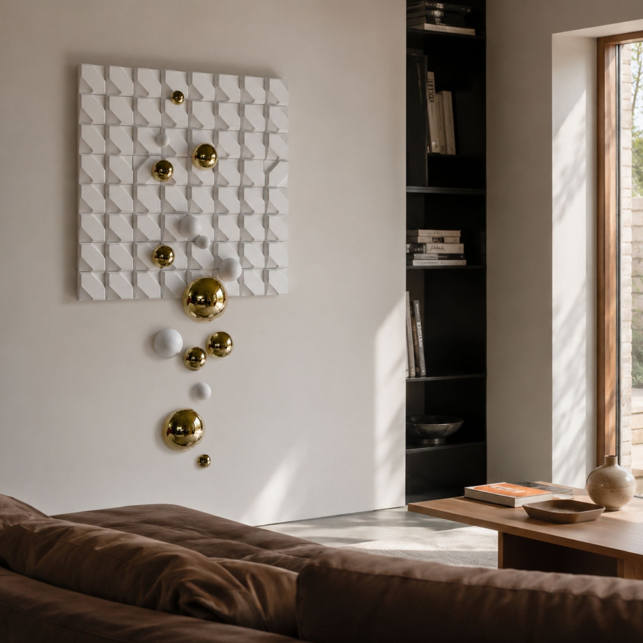 Orbina White 3D Wood Relief Wall Art by Giant Sculptures, with gold and white metal balls cascading from a grid panel, displayed in a sunlit living room.