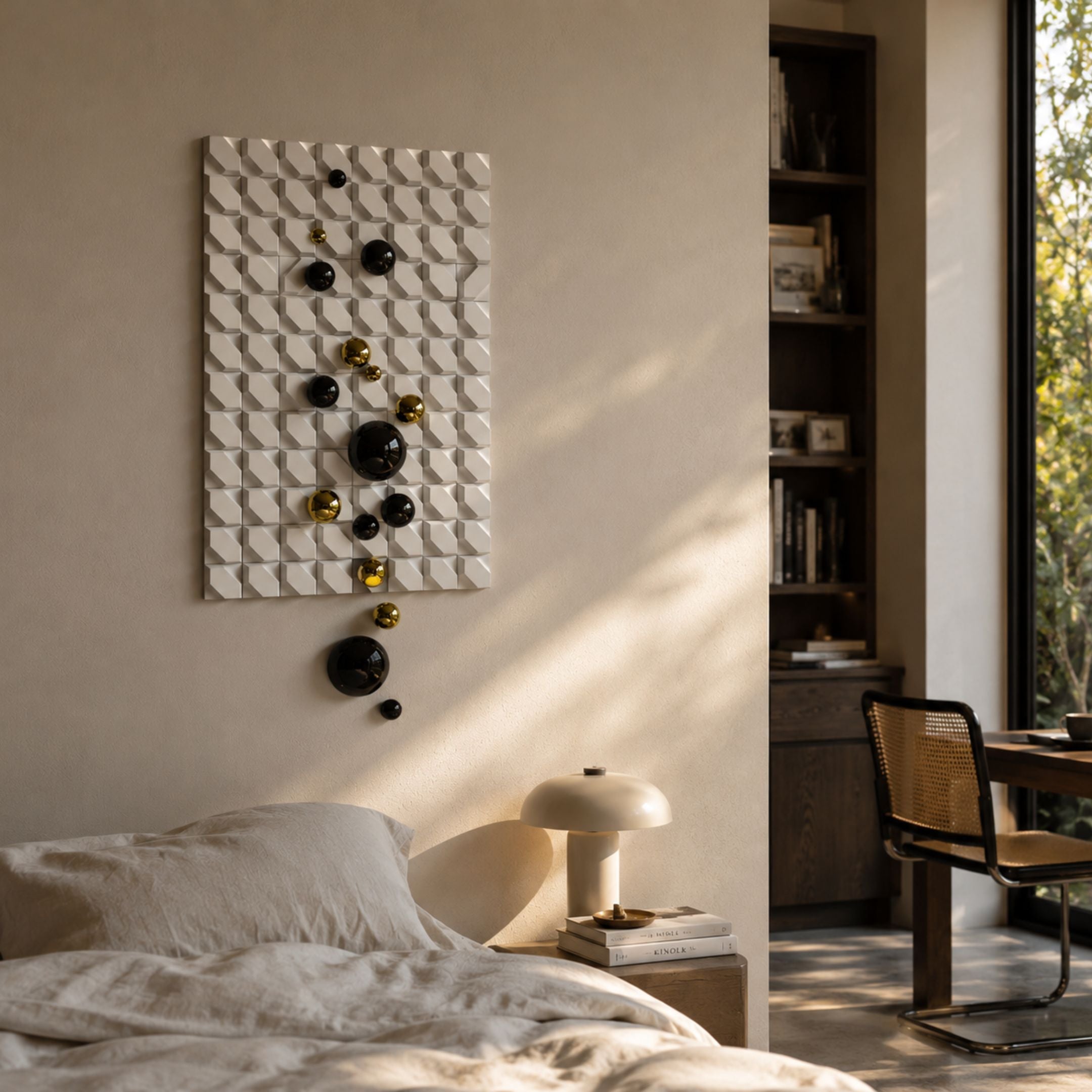 Orbina White 3D Wood Relief Wall Art by Giant Sculptures, mounted in a sunlit bedroom above a nightstand with a mushroom lamp beside a caned chair.