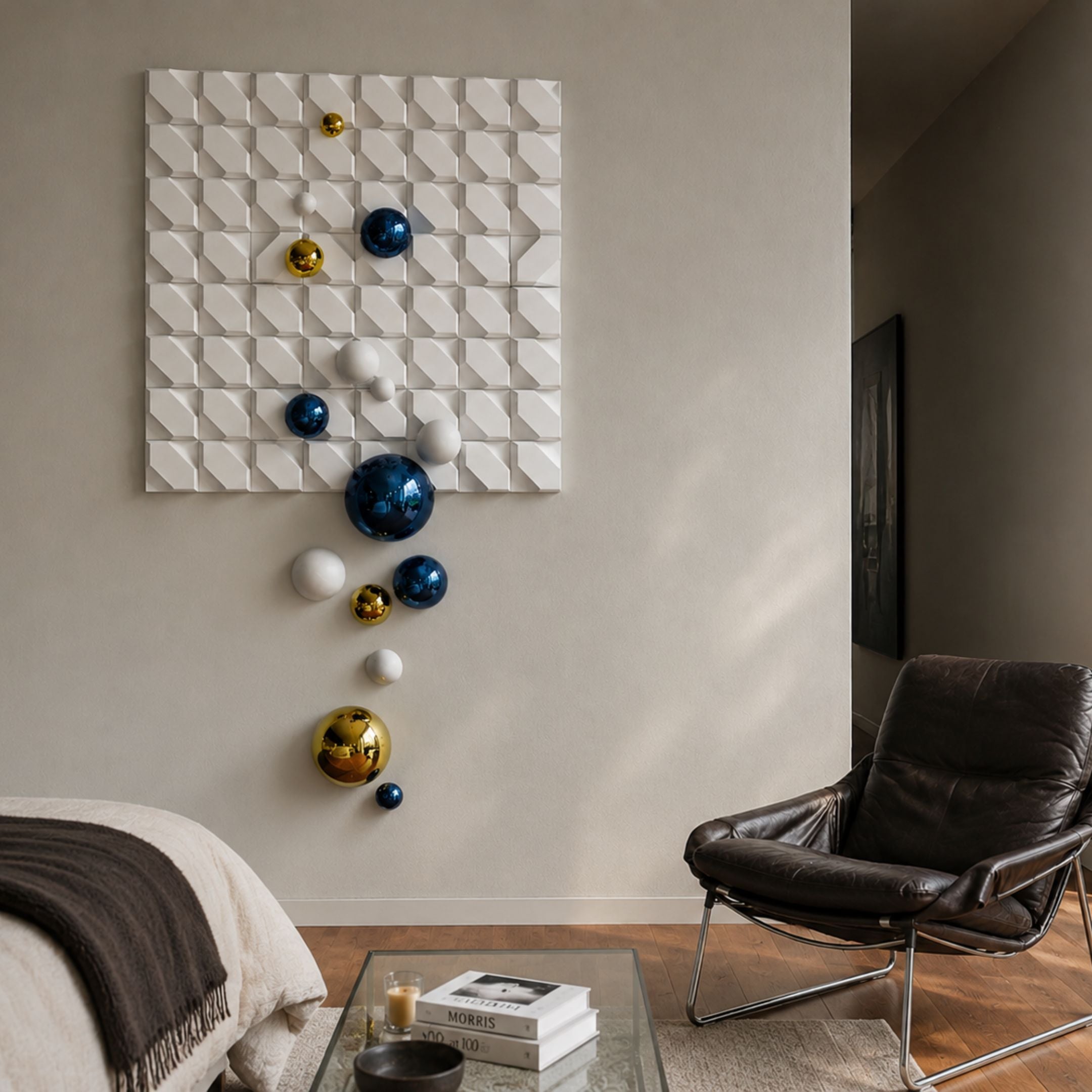 Orbina White 3D Wood Relief Wall Art by Giant Sculptures with blue, gold, and white spheres, displayed in a living room with a leather chair and glass table.