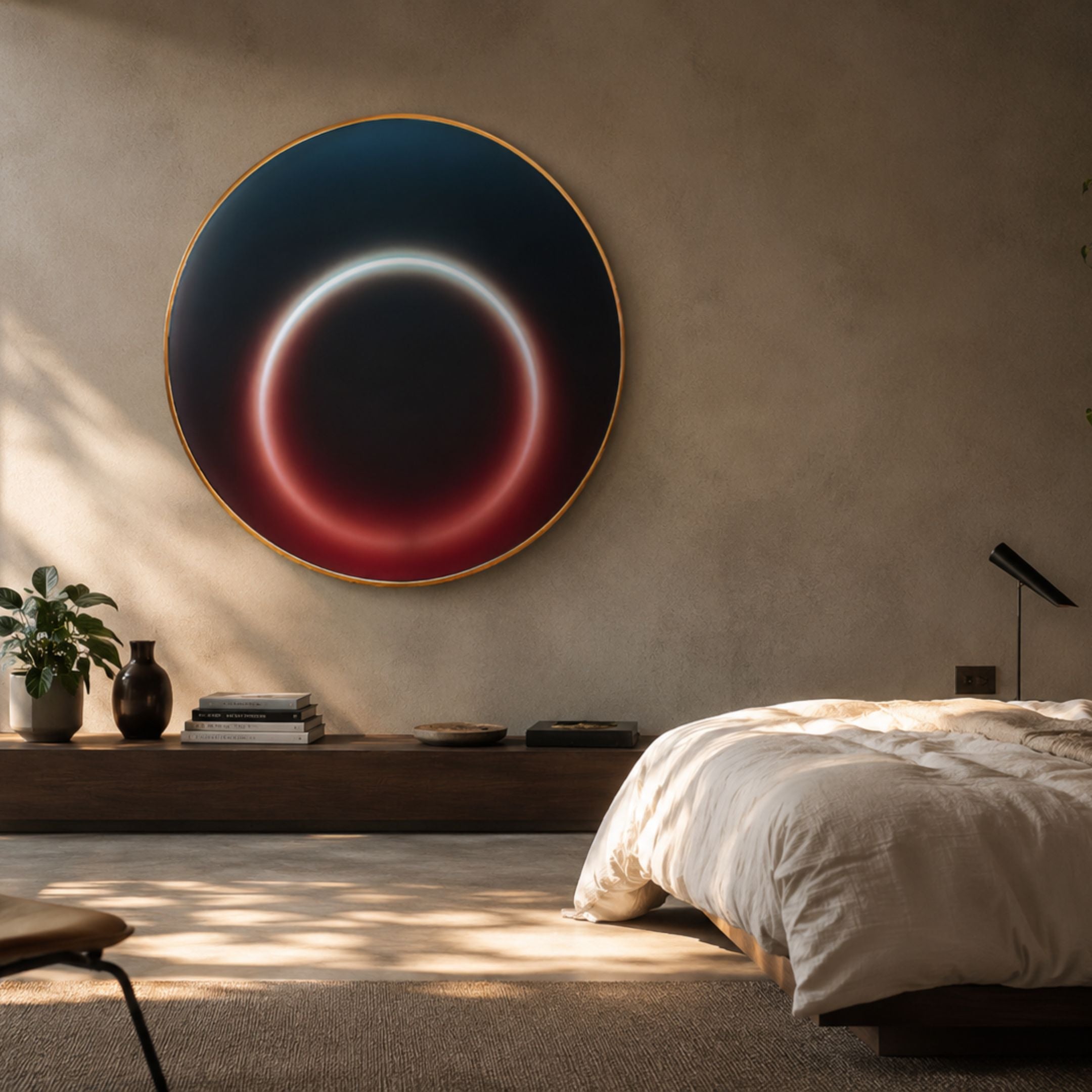 Aurora Twilight Crimson Crystal Porcelain LED Wall Art mounted above a wooden ledge in a sunlit bedroom, its glowing crimson-to-white ring framed by a gold rim.