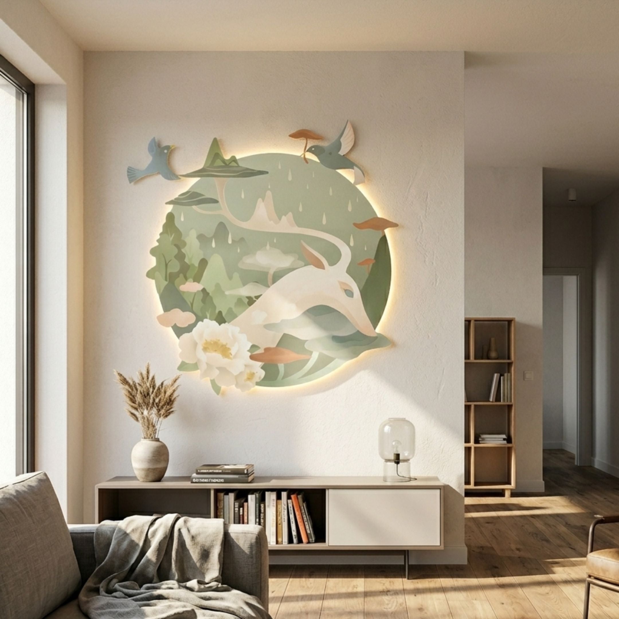Gaia Misty Pastel Wood Engraving 3D LED Wall Art with white deer, pastel forest, and birds, backlit above a console in a modern living room.