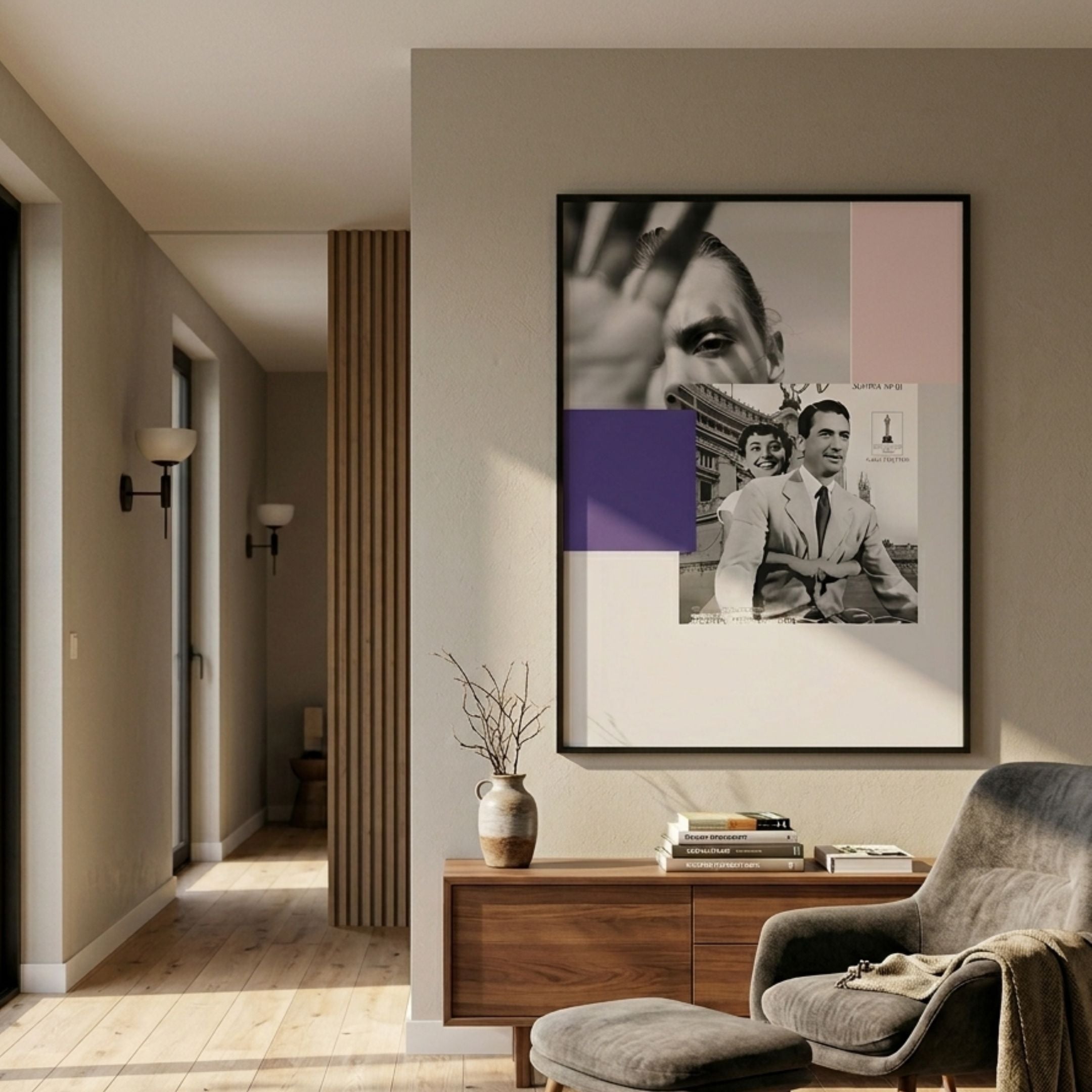 Orison Urban Essence Crystal Porcelain Wall Art by Giant Sculptures displayed in a hallway above a walnut sideboard with vase, books, and grey armchair.
