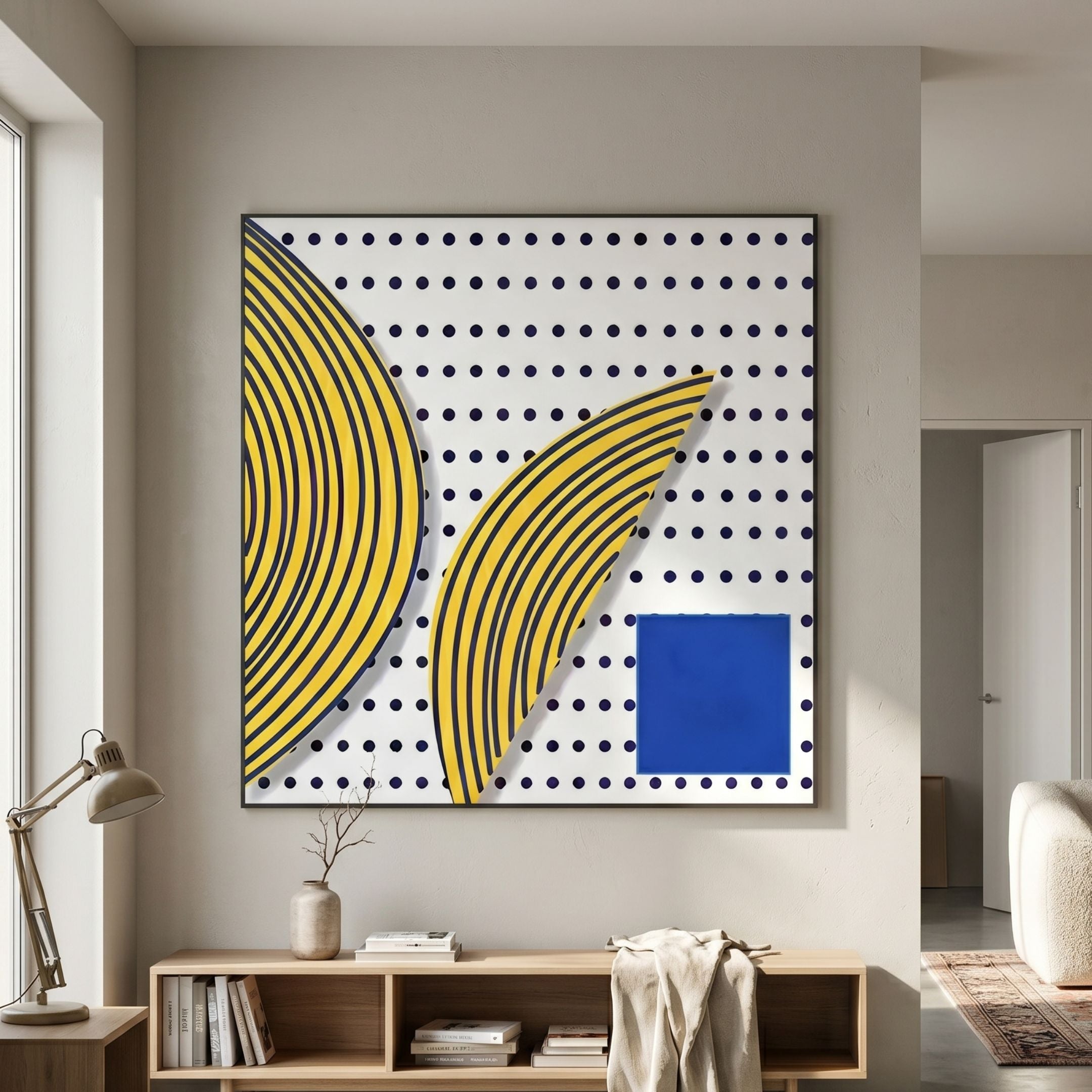 Orison Modern Rhythm Crystal Porcelain 3D Wall Art by Giant Sculptures with yellow curves, blue dots and square, mounted above a wooden console in a living room.