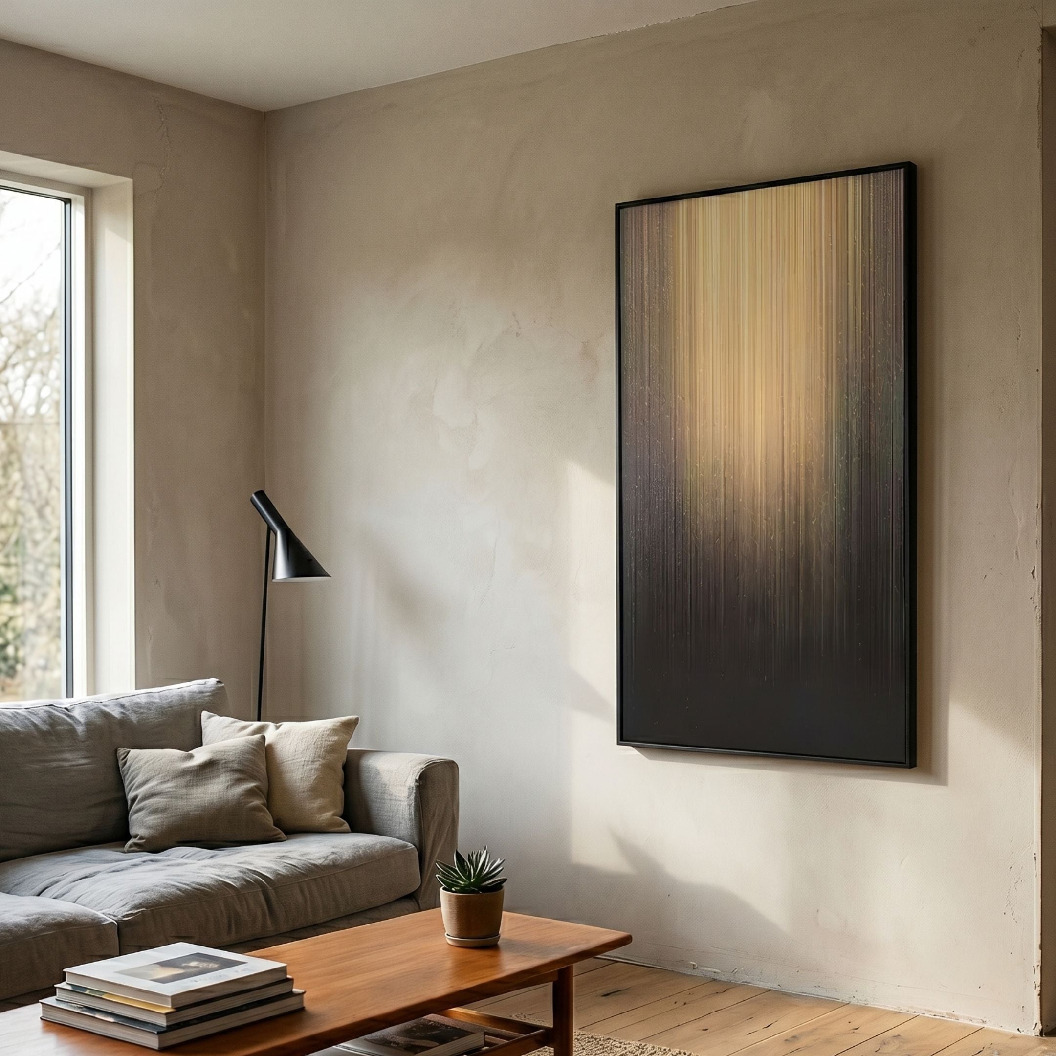 Celeste Radiance Reflection LED Wall Art with vertical gold and yellow streaks on black, mounted in a minimalist living room above a wooden coffee table.