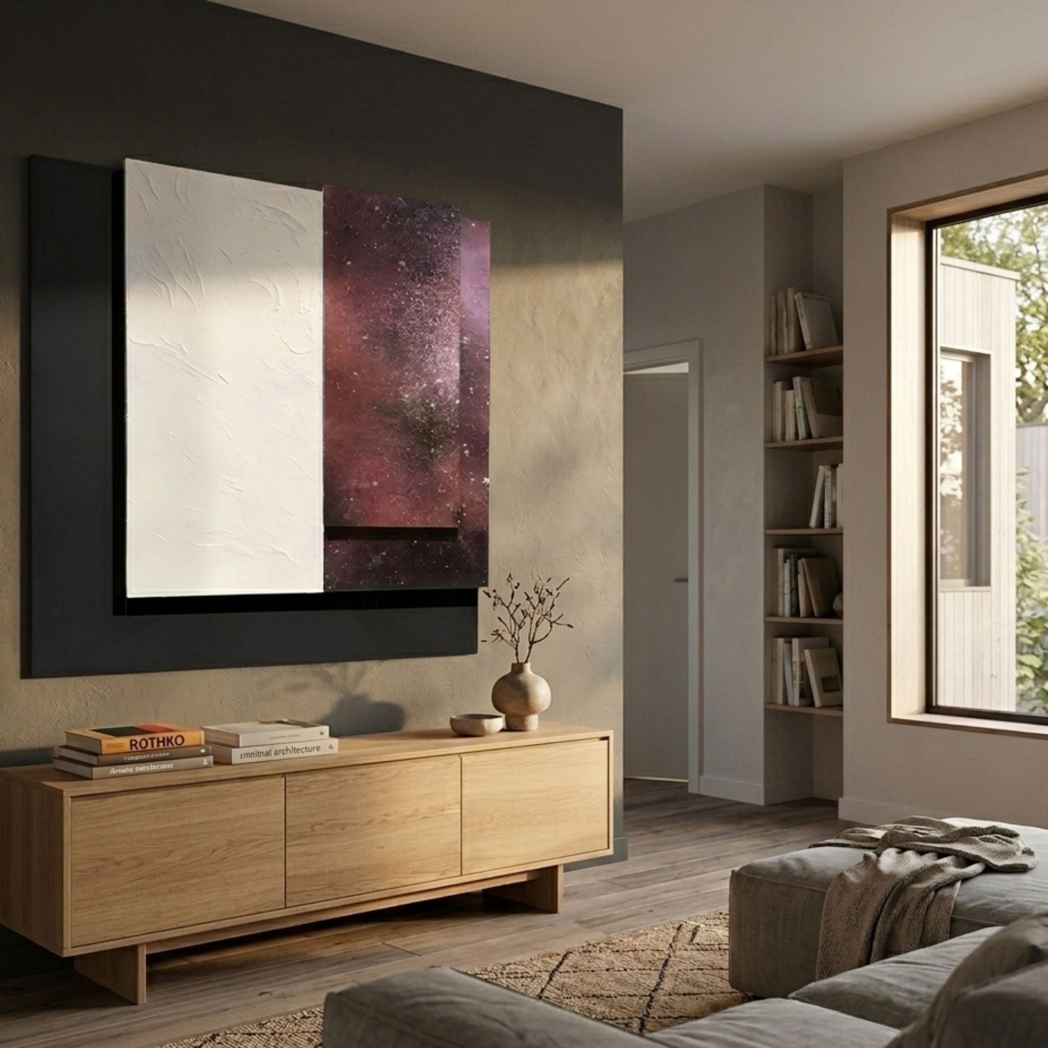 Astra Cosmic Crimson Textured Wood Carving 3D Wall Art with white, black, and starry purple panels above a wooden sideboard in a modern living room.