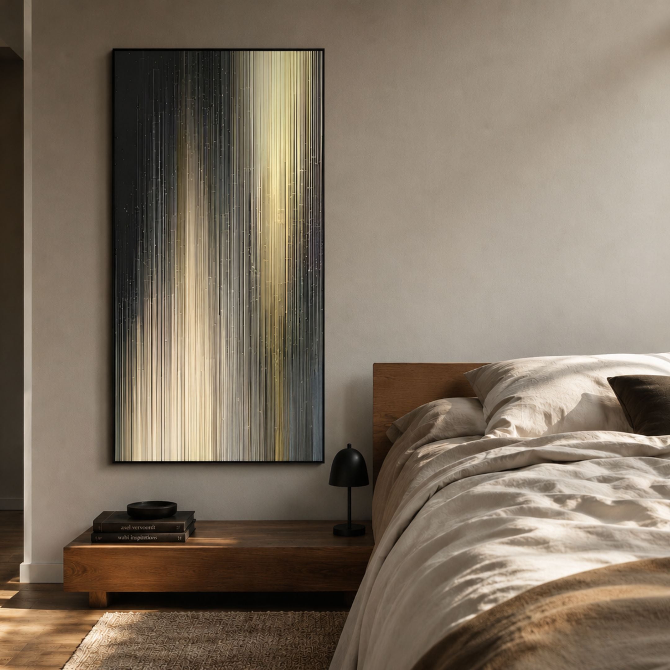Celeste Gradient Flow LED Wall Art by Giant Sculptures, vertical cream, beige, grey and black light bands in a black frame, mounted above a wooden bedside bench in a modern bedroom.