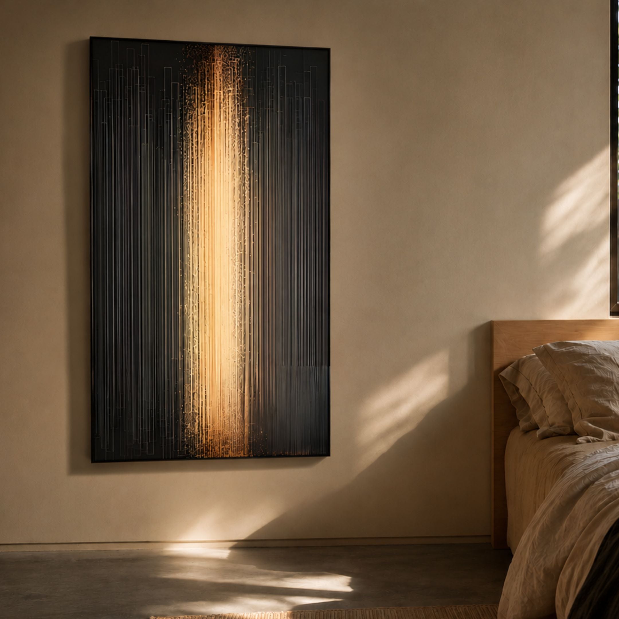 Celeste Luminescent Cascade LED Wall Art by Giant Sculptures displayed on a beige bedroom wall beside a wooden bed, its golden illuminated column glowing on dark grey.